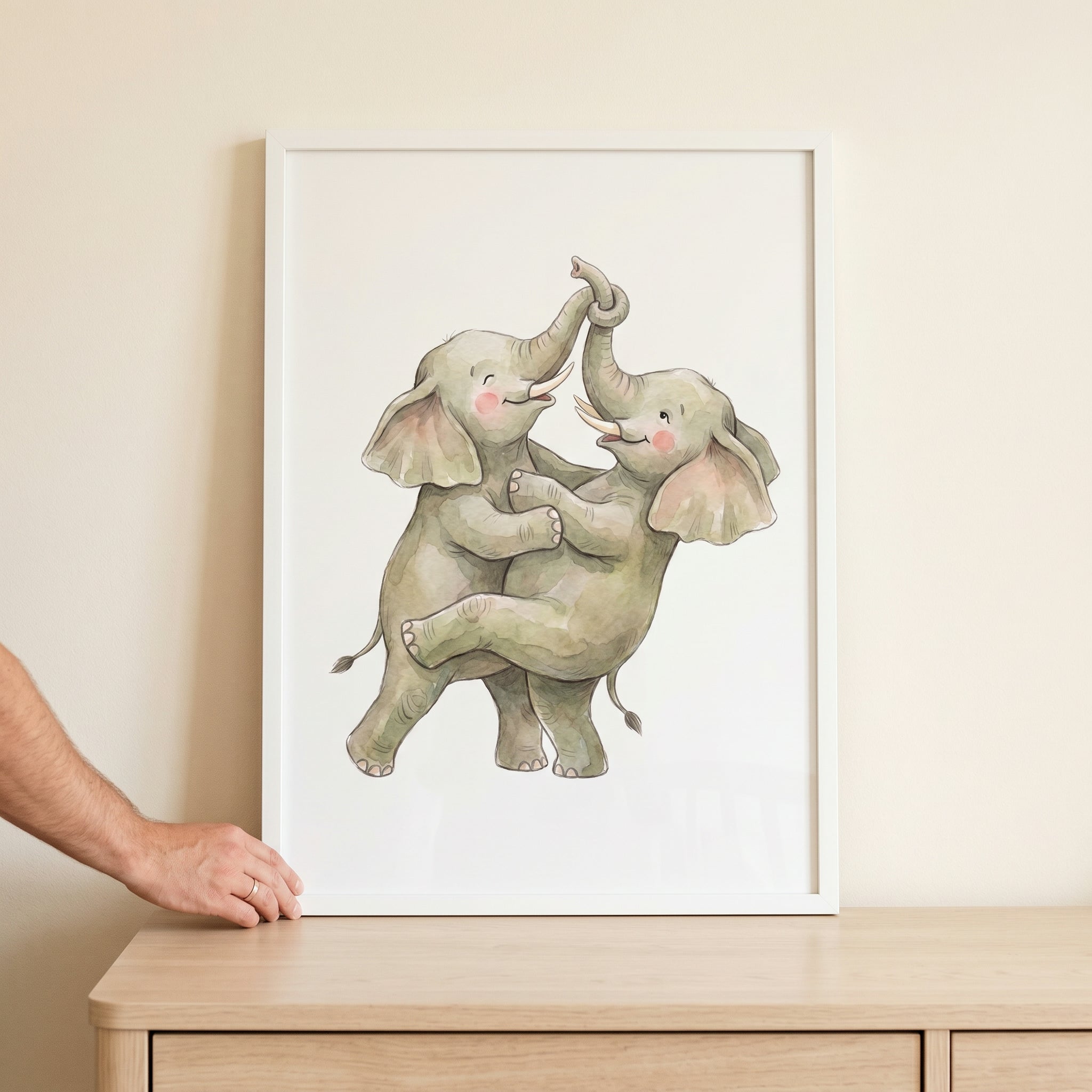 Watercolor Trunk Link Elephant Wall Art - Dancing Elephant Duo
