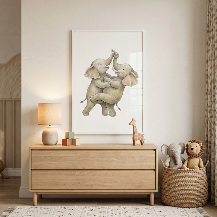 Watercolor trunk link elephant wall art hangs above a light wood dresser and a toy basket in a nursery.