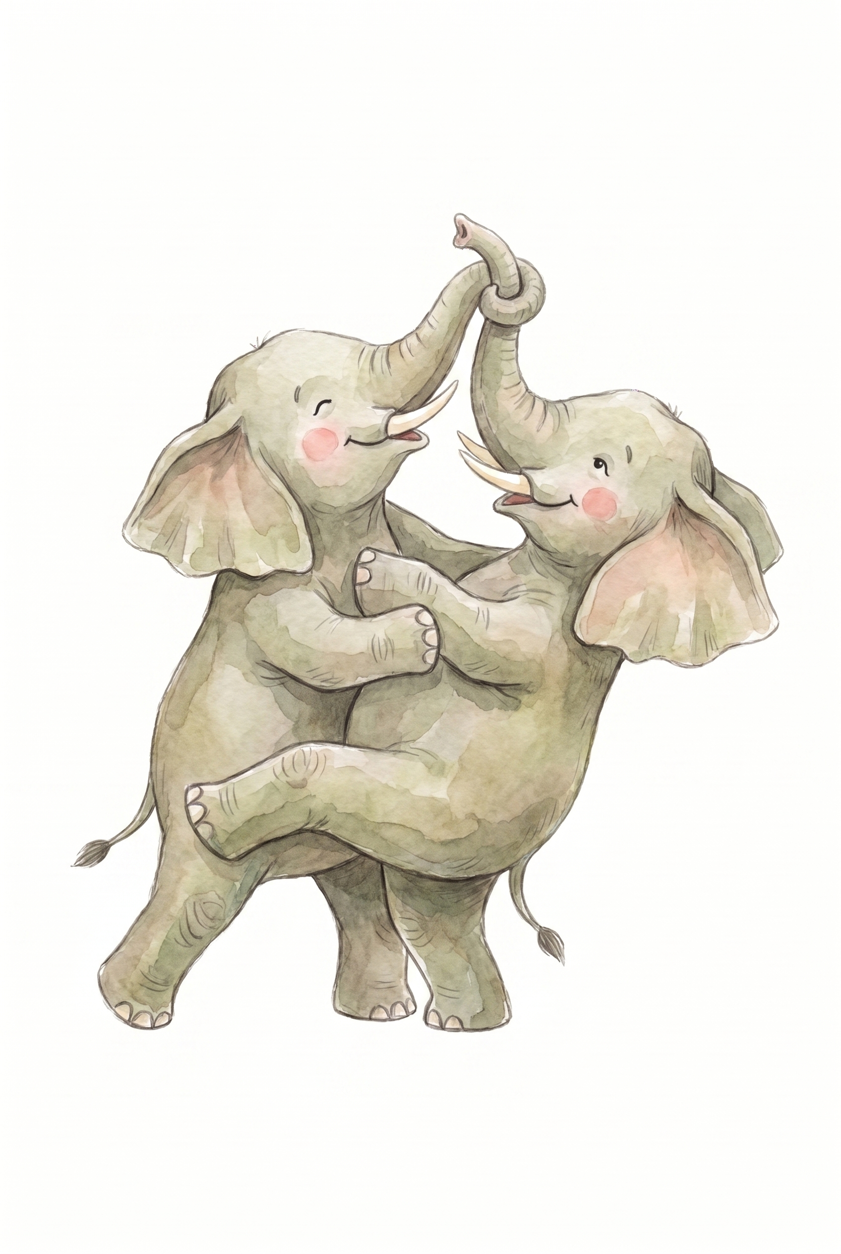 Watercolor Trunk Link Elephant Wall Art - Dancing Elephant Duo
