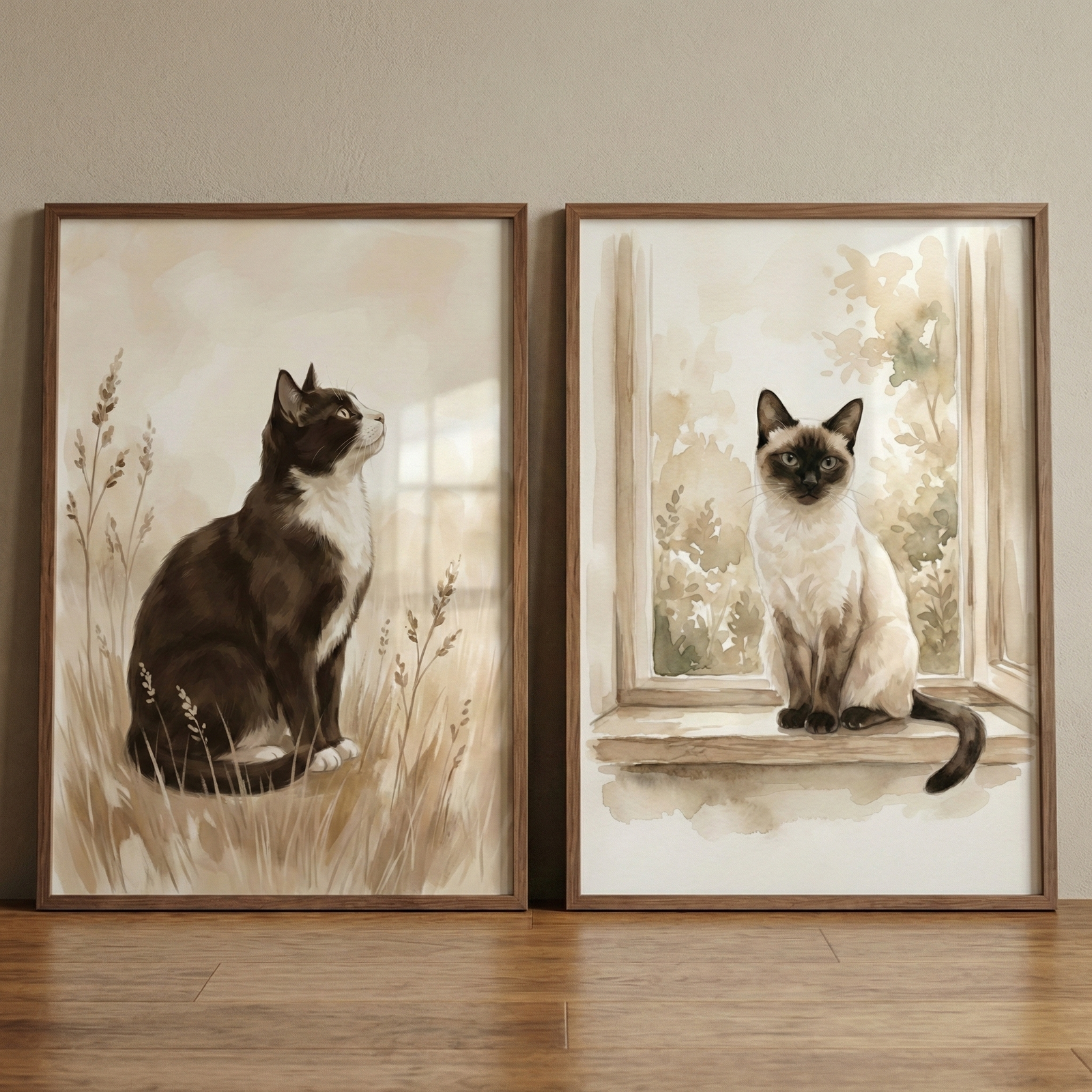 Two framed watercolor-style illustrations lean against a neutral wall on a wooden floor. The frame on the left shows a black and white tuxedo cat sitting in a field of tall, dry grass, looking up. The frame on the right depicts a pointed cat with dark features sitting on a window ledge, with soft, sunlit greenery visible through the glass behind it. Both pieces of art feature a soft, muted color palette of cream, beige, and warm brown tones.