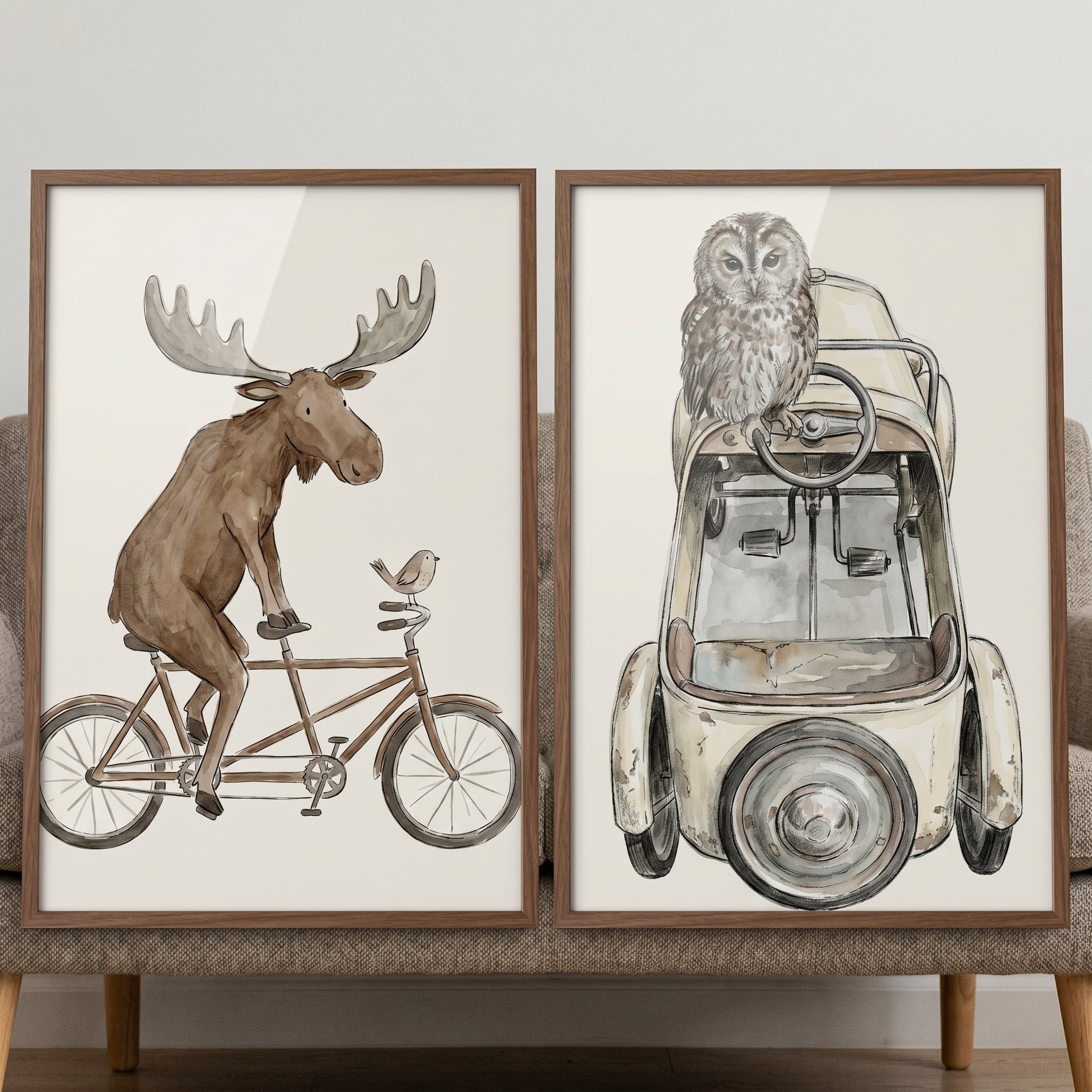 Watercolor Vehicle Woodland Animals Wall Art Set of 2 - Vintage Animal Wheels