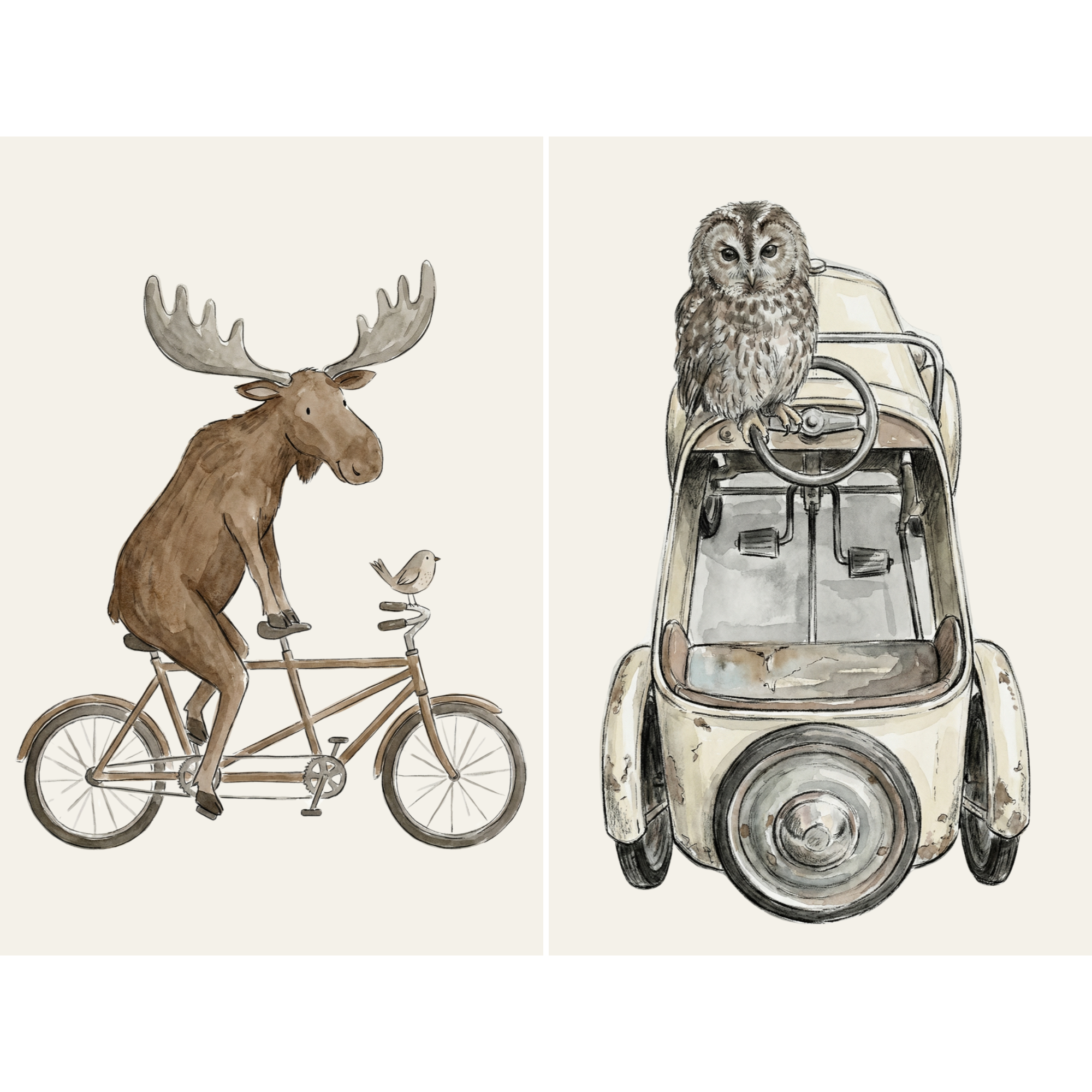 Watercolor Vehicle Woodland Animals Wall Art Set of 2 - Vintage Animal Wheels