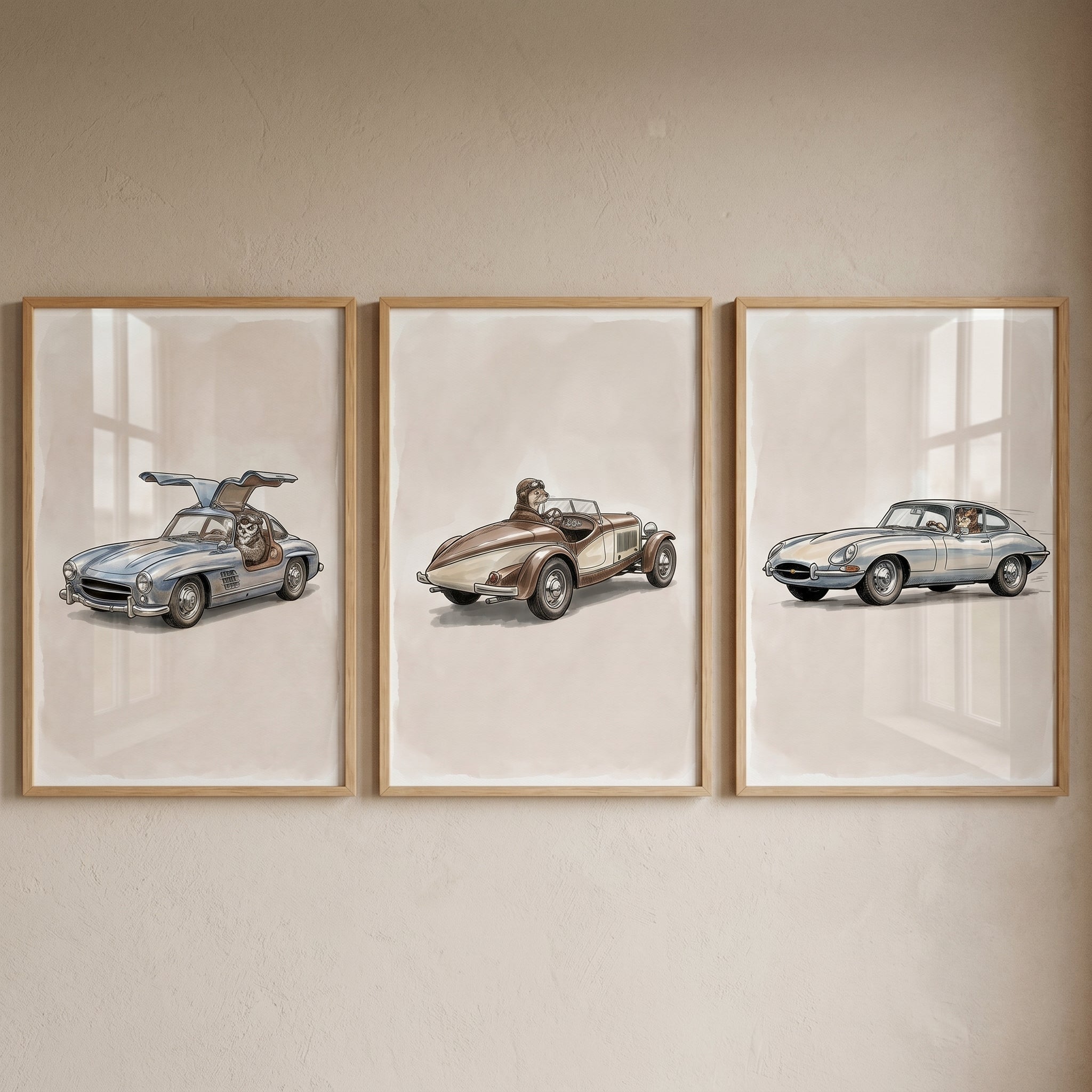 Watercolor Vintage Car Animal Wall Art Set of 3 - Vintage Canine Cruisers
