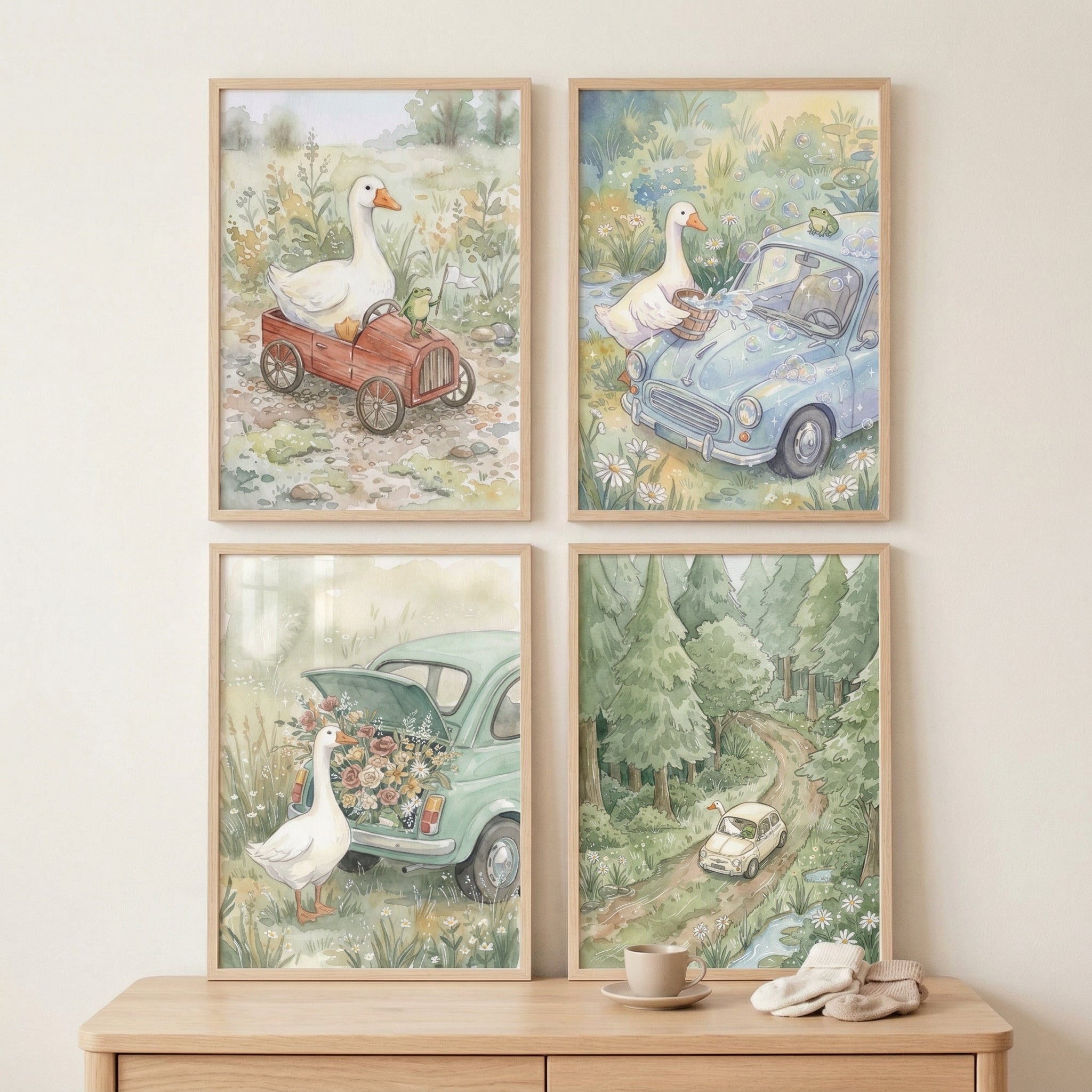 Watercolor Vintage Car Goose Wall Art Set of 4 - Goose Road Trip