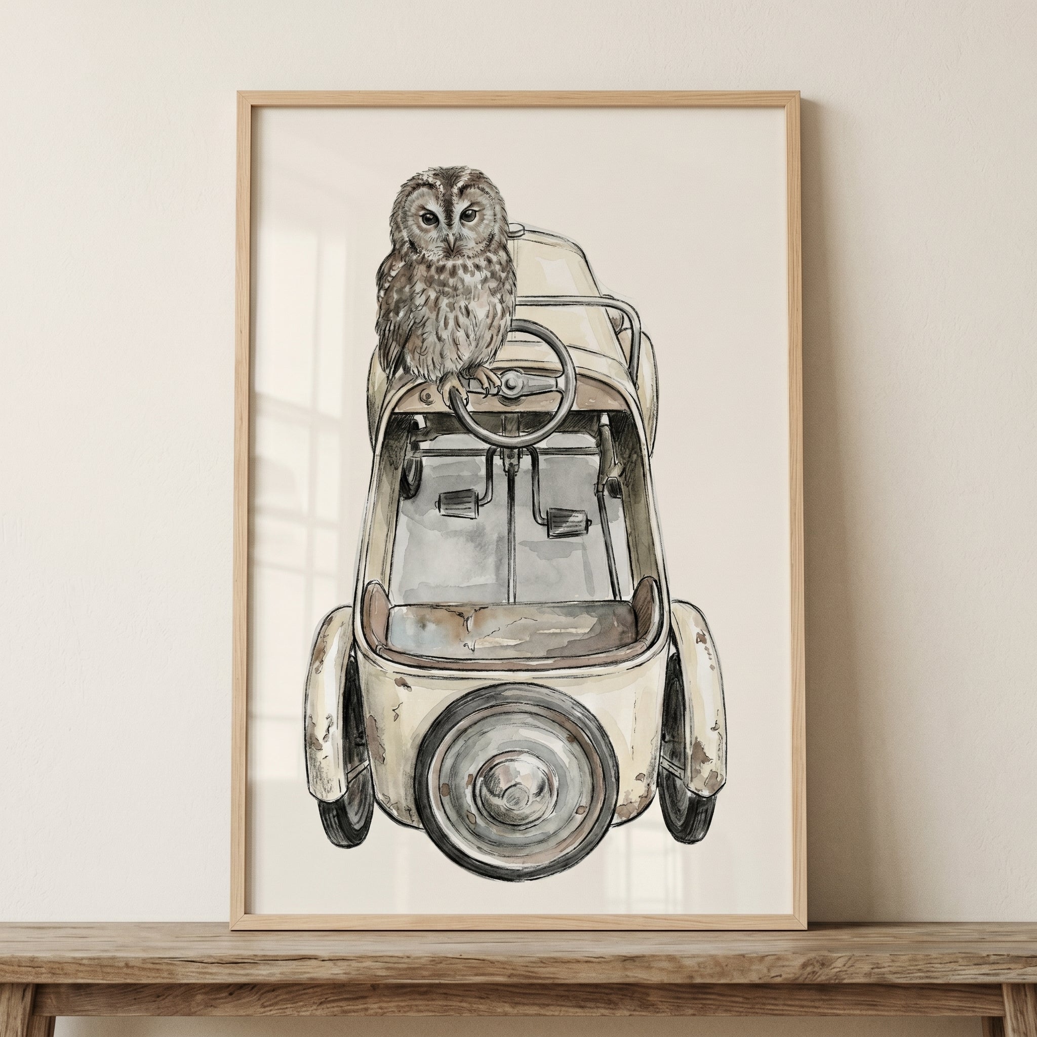 Watercolor Vintage Car Owl Wall Art - Feathered Chauffeur