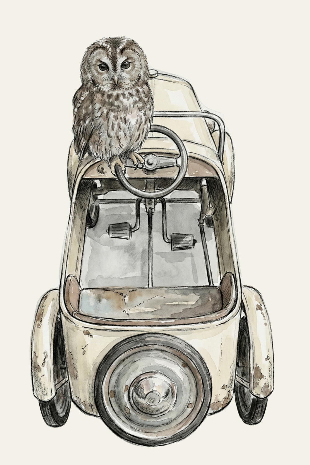 Watercolor Vintage Car Owl Wall Art - Feathered Chauffeur