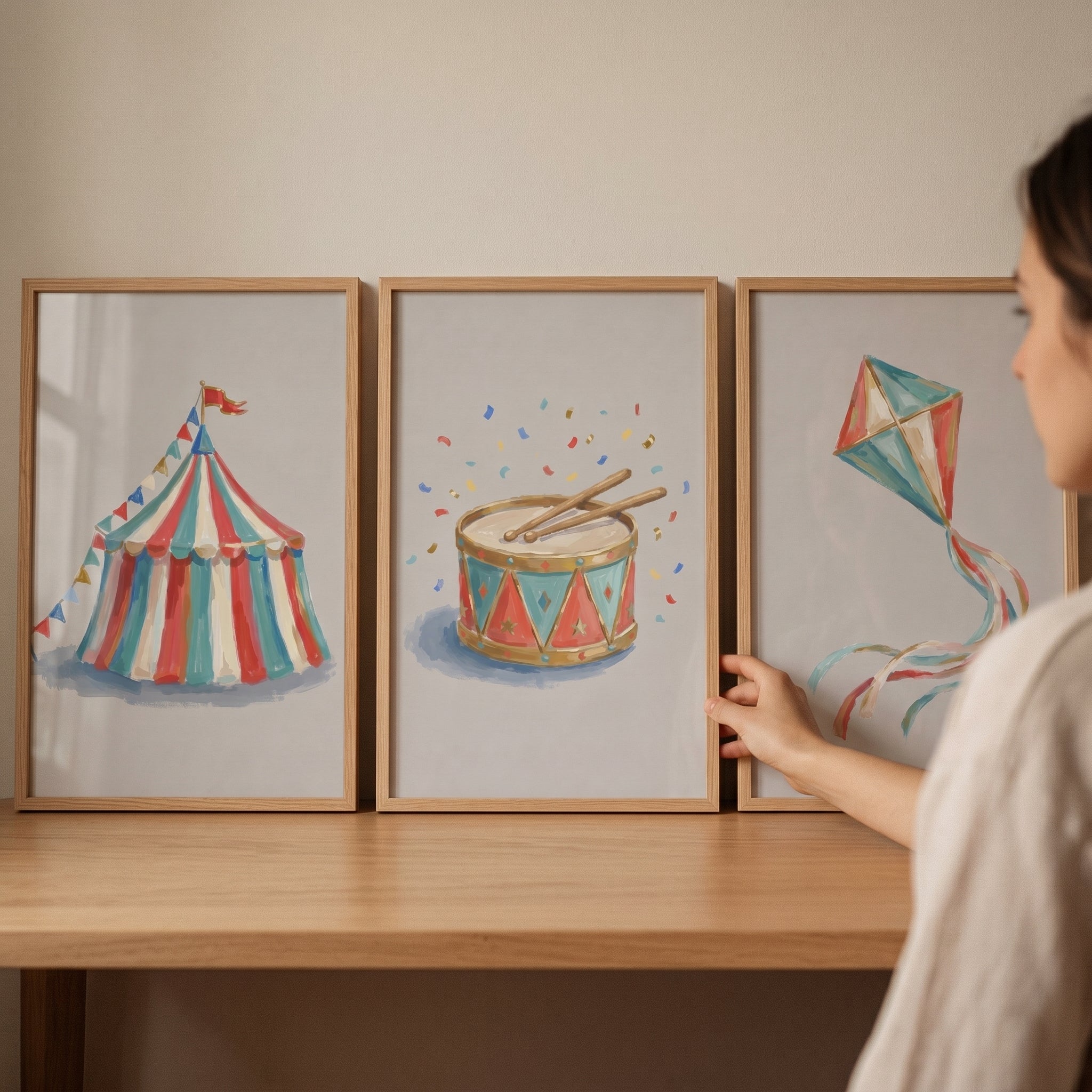 Watercolor Vintage Circus Wall Art Set of 3 - Whimsical Carnival Trio