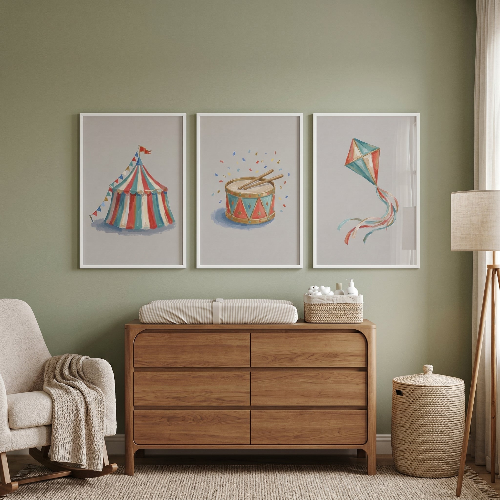 Watercolor Vintage Circus Wall Art Set of 3 - Whimsical Carnival Trio