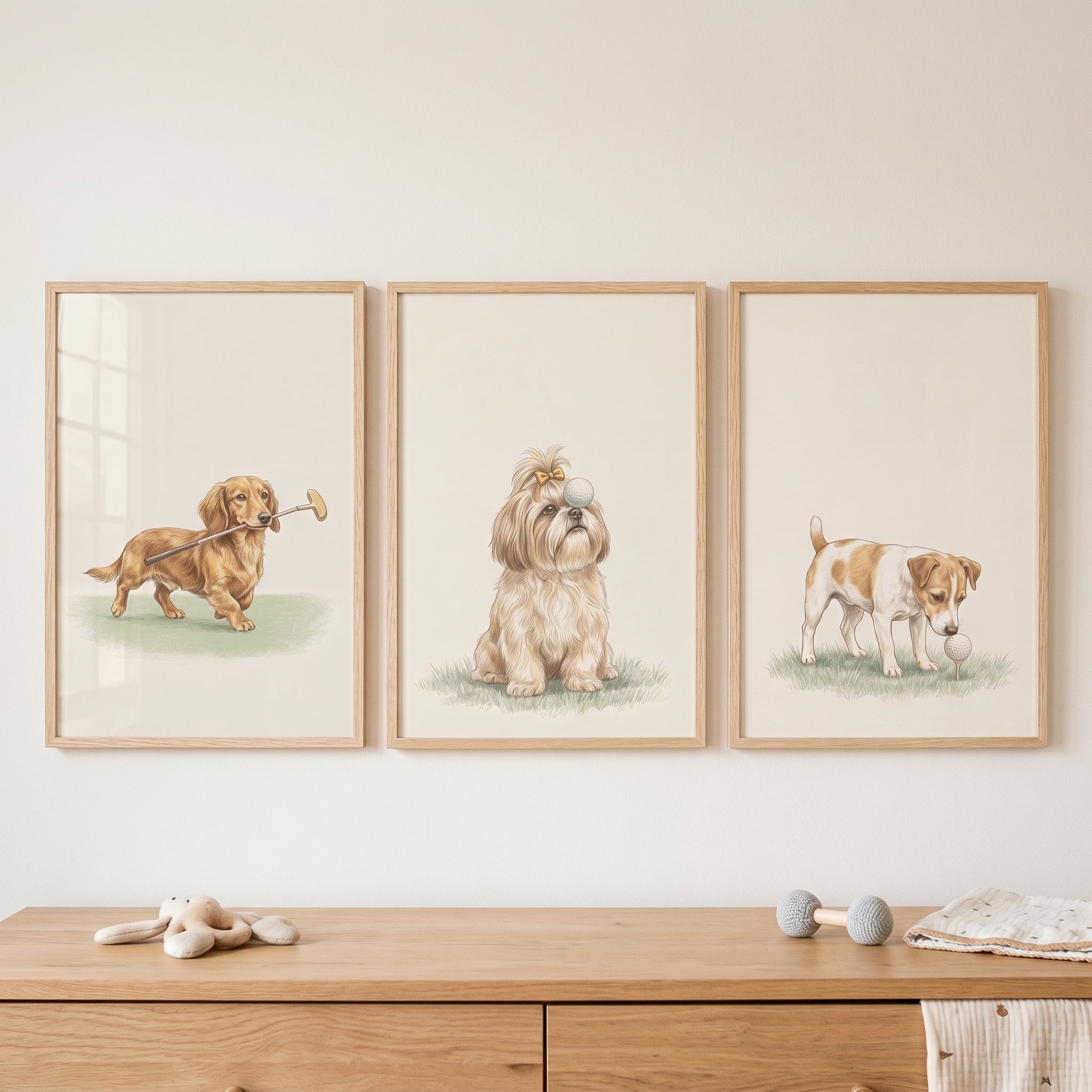 Watercolor Vintage Golfing Dogs Wall Art Set of 3 - Paws On Par