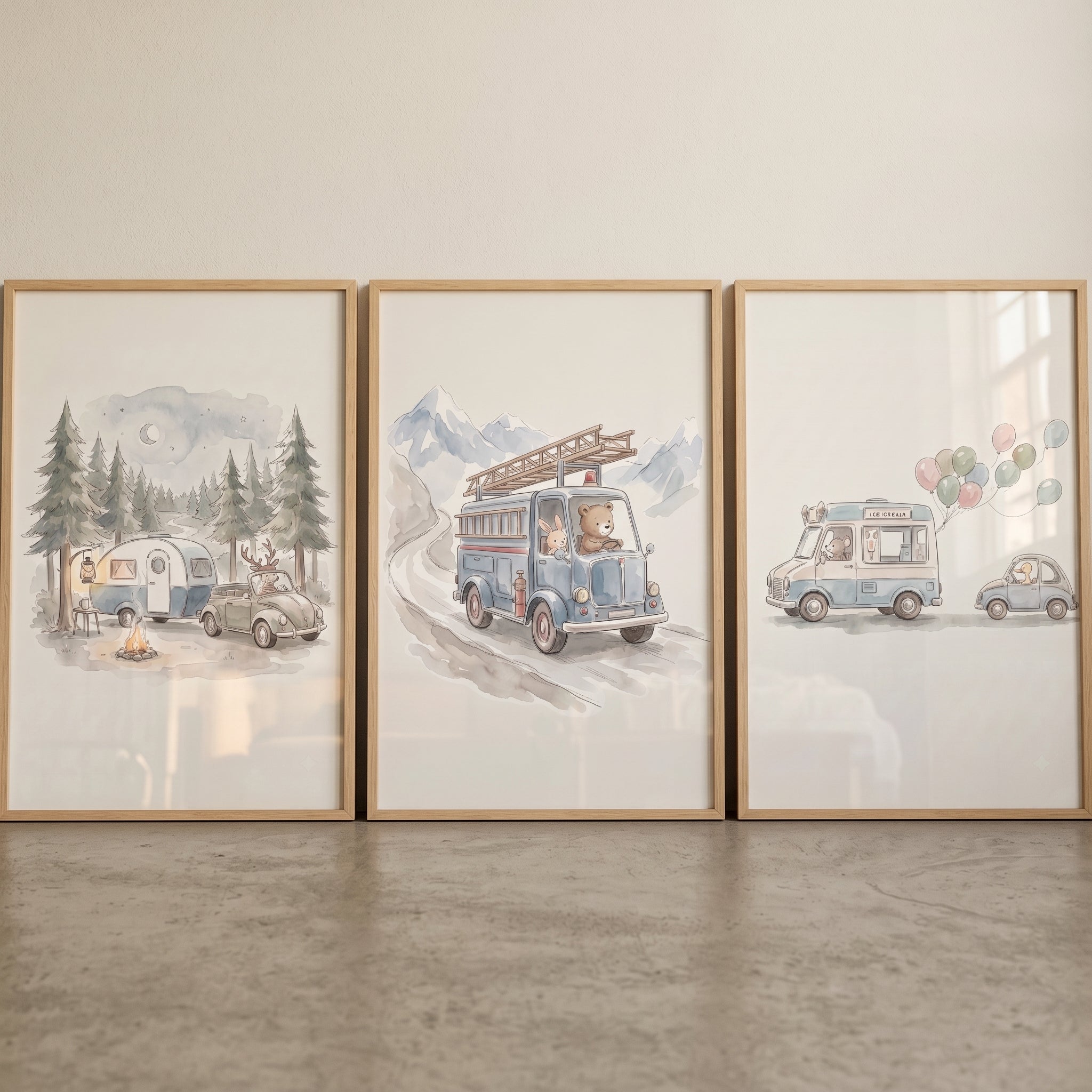 Watercolor Vintage Transport Animals Wall Art Set of 3 - Woodland Animal Travels