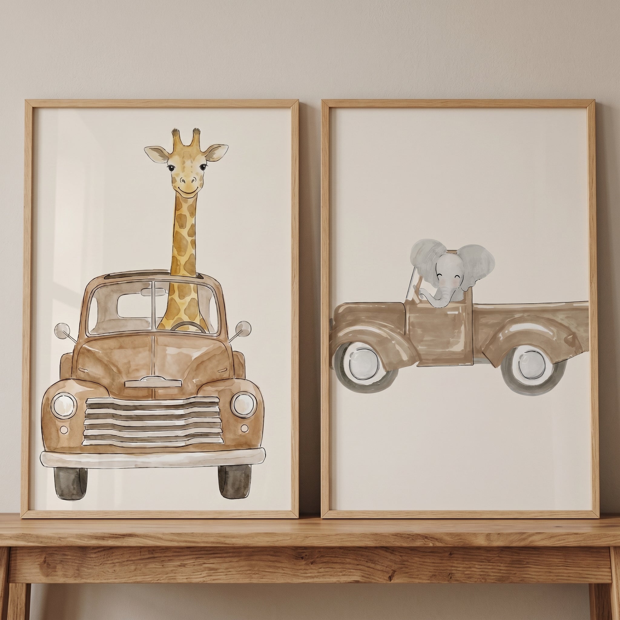 Watercolor Vintage Truck Animals Wall Art Set of 2 - Safari Truck Friends