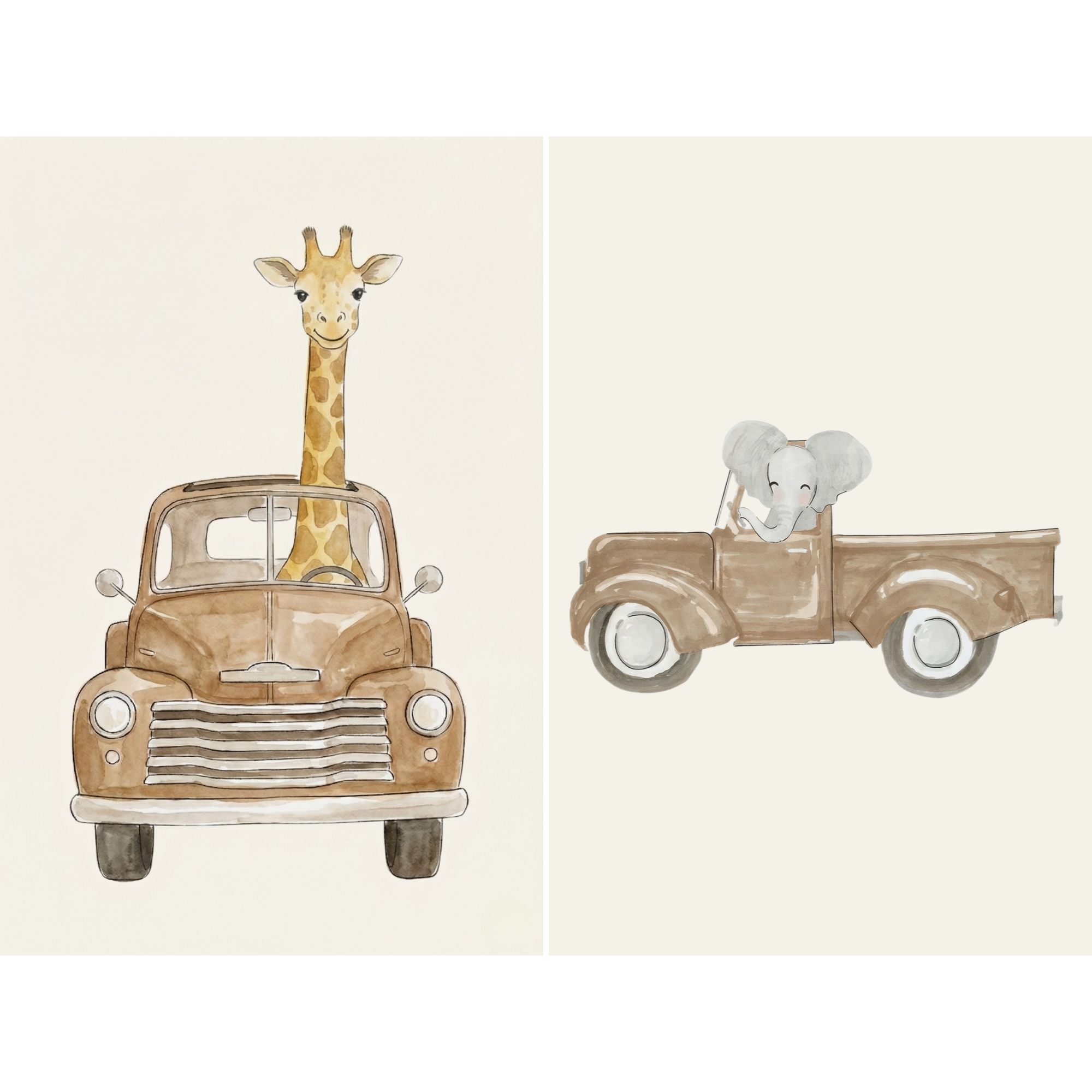 Watercolor Vintage Truck Animals Wall Art Set of 2 - Safari Truck Friends
