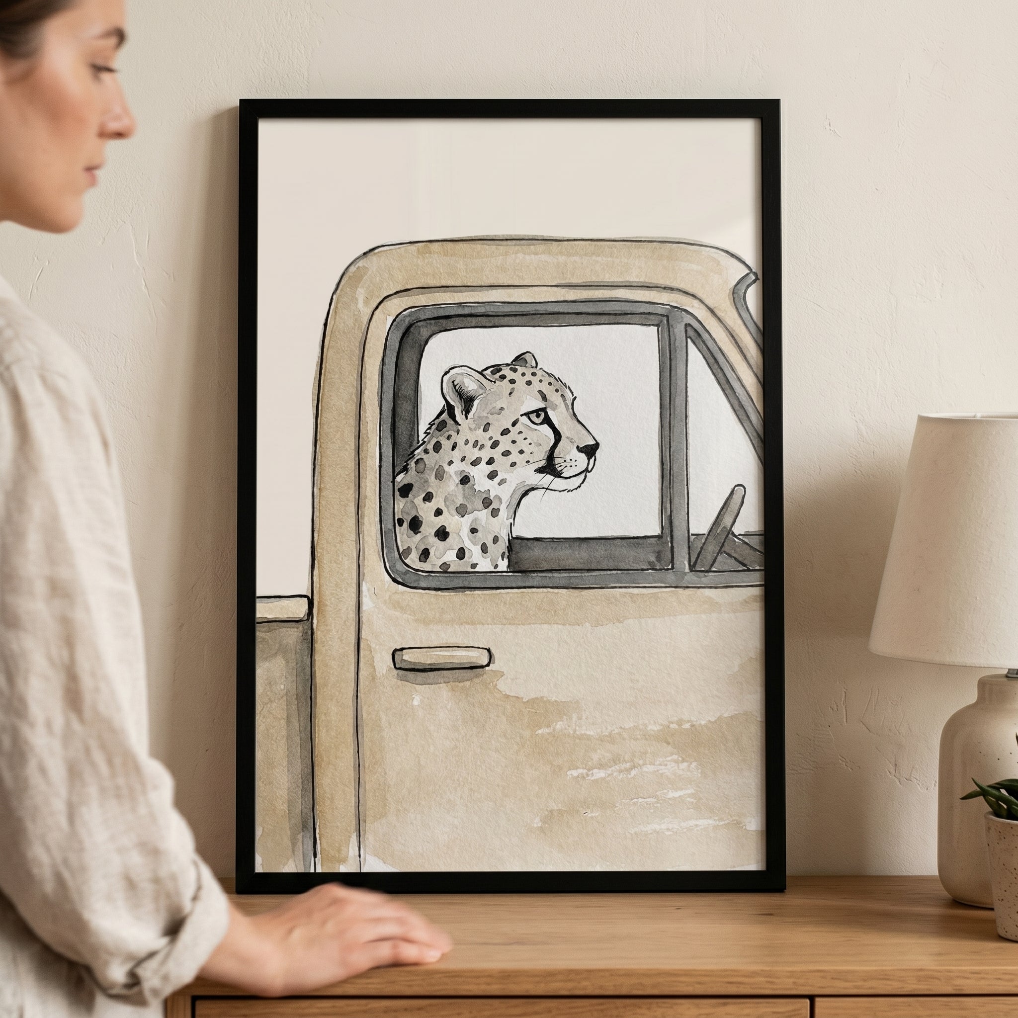 Watercolor Vintage Truck Cheetah Wall Art - Wild Passenger