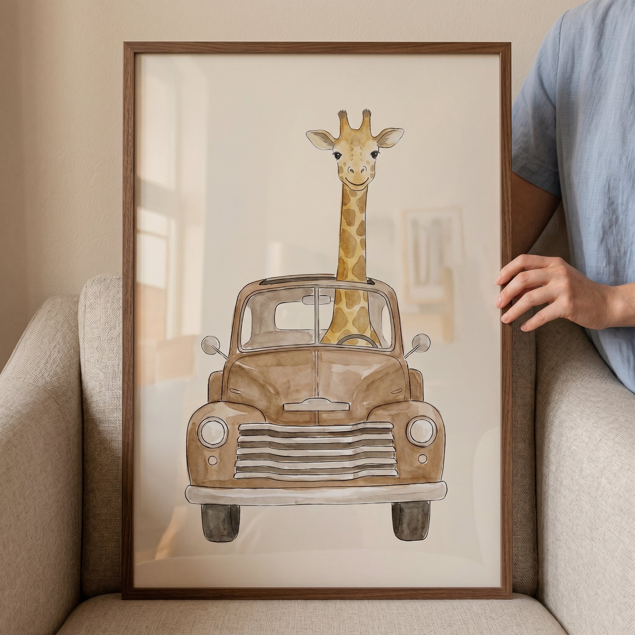 Watercolor Vintage Truck Giraffe Wall Art - Tall Traveler Ride