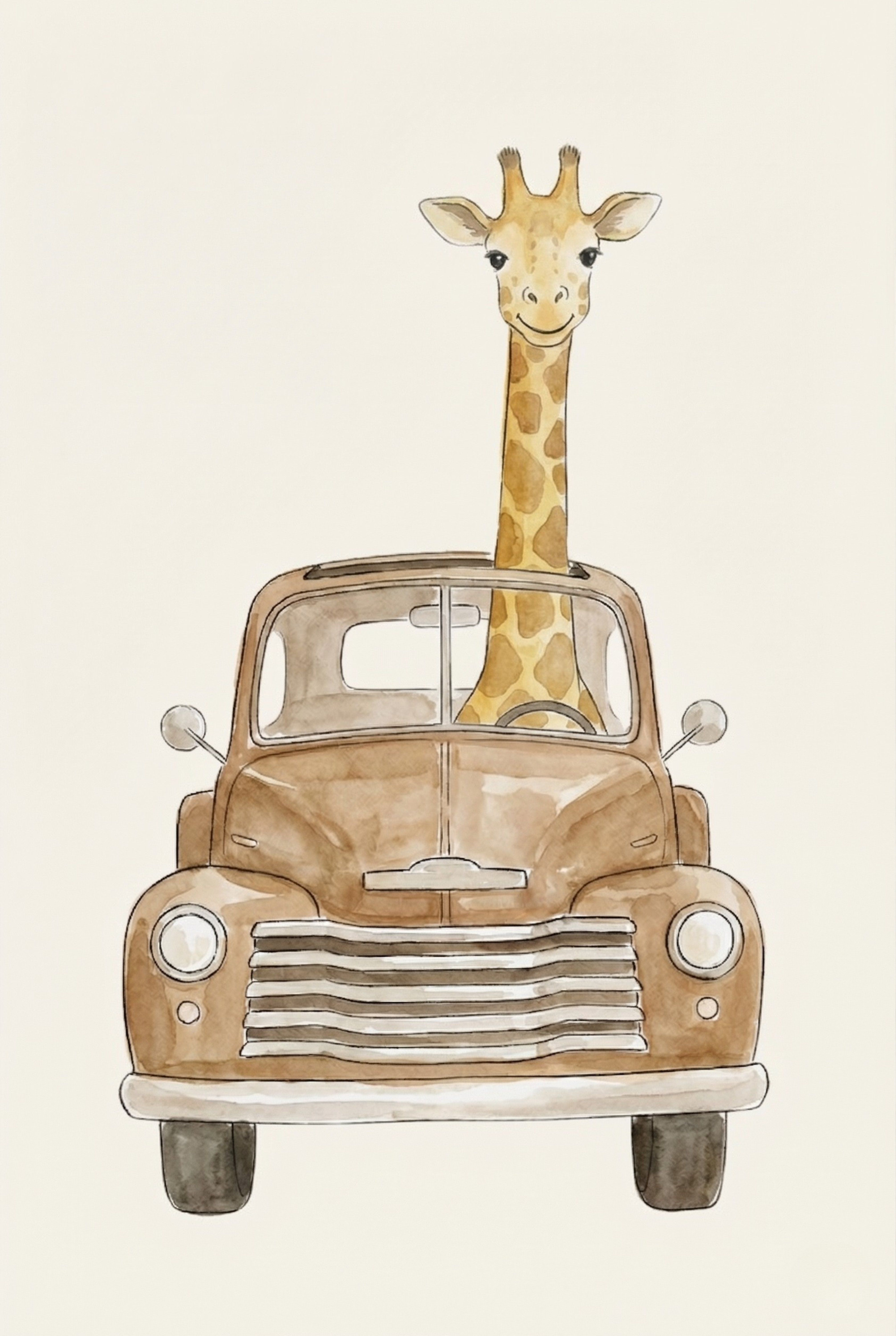 Watercolor Vintage Truck Giraffe Wall Art - Tall Traveler Ride