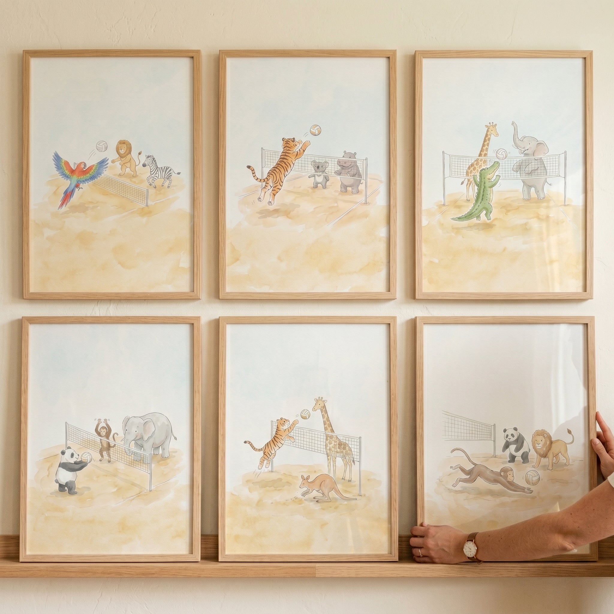 Watercolor Volleyball Safari Animals Wall Art Set of 6 - Wild Sports Day