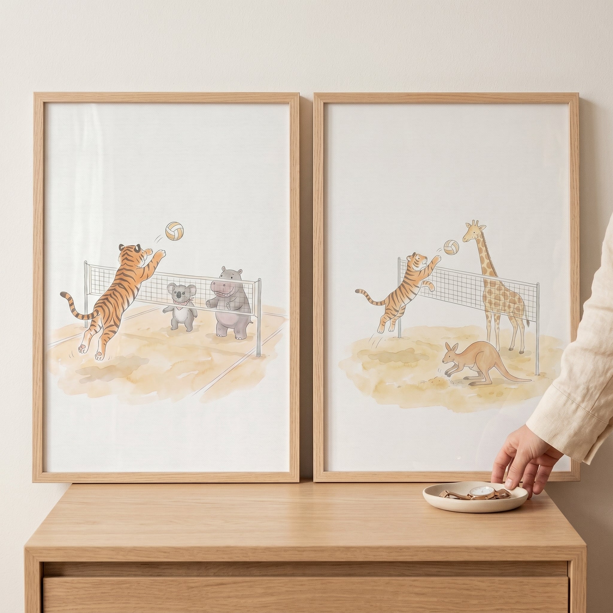 Watercolor Volleyball Tiger Wall Art Set of 2 - Wild Volleyball Action