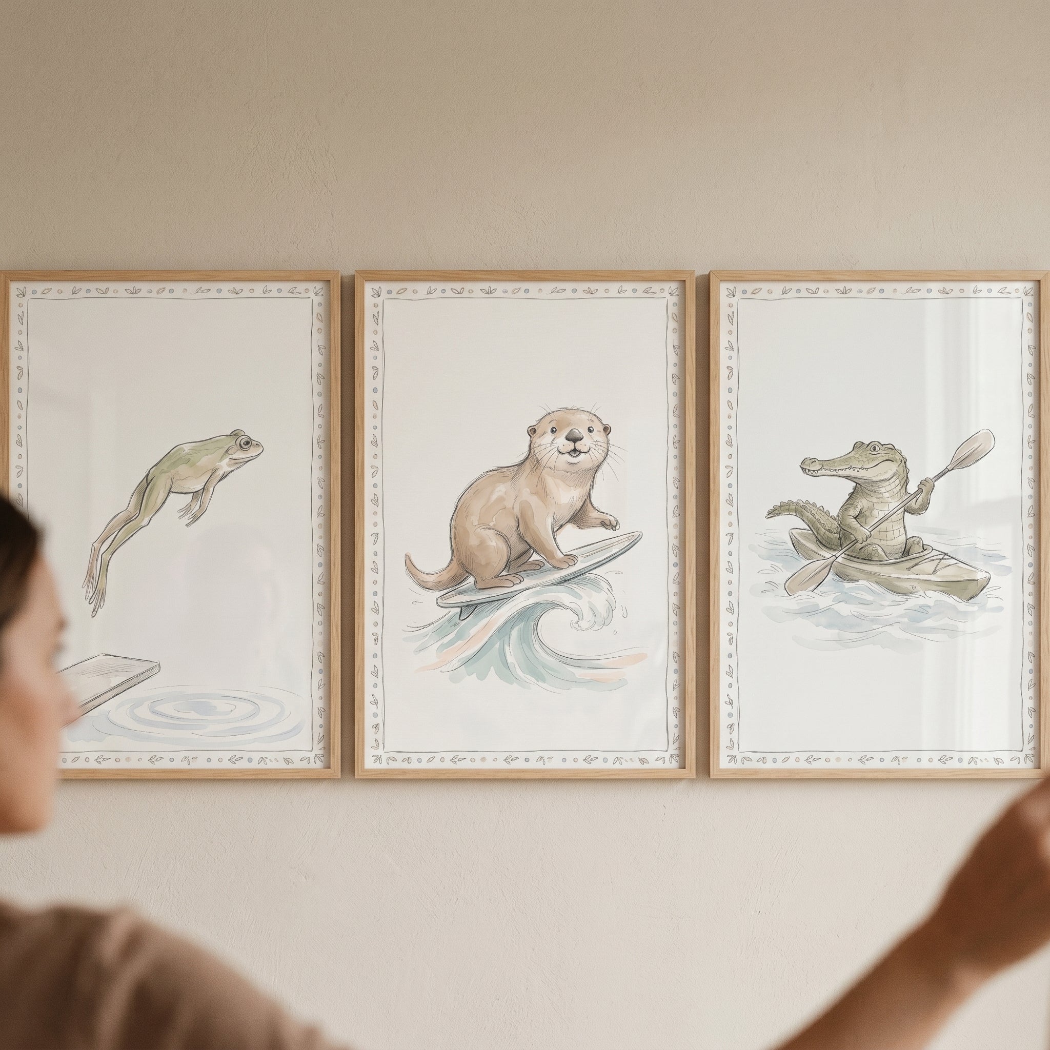 Watercolor Water Sports Animals Wall Art Set of 3 - Aquatic Animal Adventures