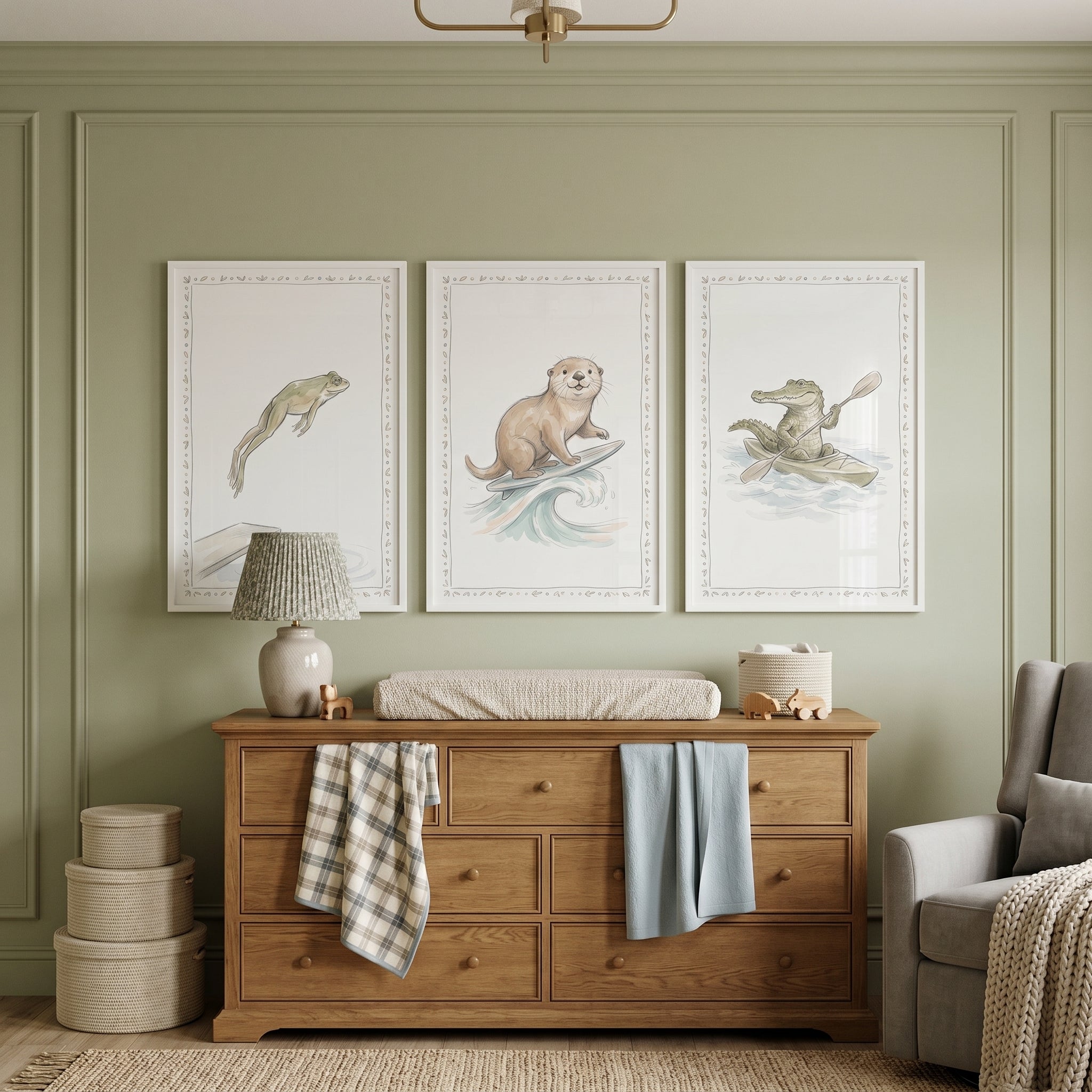 Watercolor Water Sports Animals Wall Art Set of 3 - Aquatic Animal Adventures