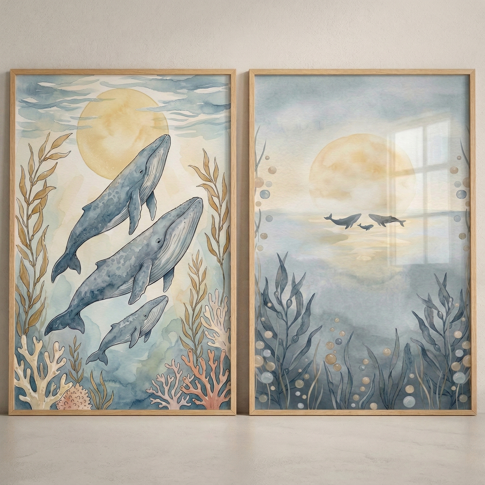 Two wooden-framed watercolor-style illustrations are displayed side-by-side. The artwork on the left features three blue whales of varying sizes swimming vertically through a serene underwater scene. A large, pale yellow moon glows in the background, while soft coral and sea kelp in shades of coral, yellow, and blue frame the composition. The artwork on the right depicts a more atmospheric scene with three small whale silhouettes swimming across a large, hazy yellow sun reflected on calm water. 