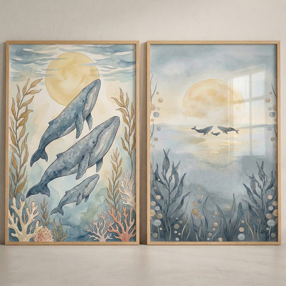Two wooden-framed watercolor-style illustrations are displayed side-by-side. The artwork on the left features three blue whales of varying sizes swimming vertically through a serene underwater scene. A large, pale yellow moon glows in the background, while soft coral and sea kelp in shades of coral, yellow, and blue frame the composition. The artwork on the right depicts a more atmospheric scene with three small whale silhouettes swimming across a large, hazy yellow sun reflected on calm water. 