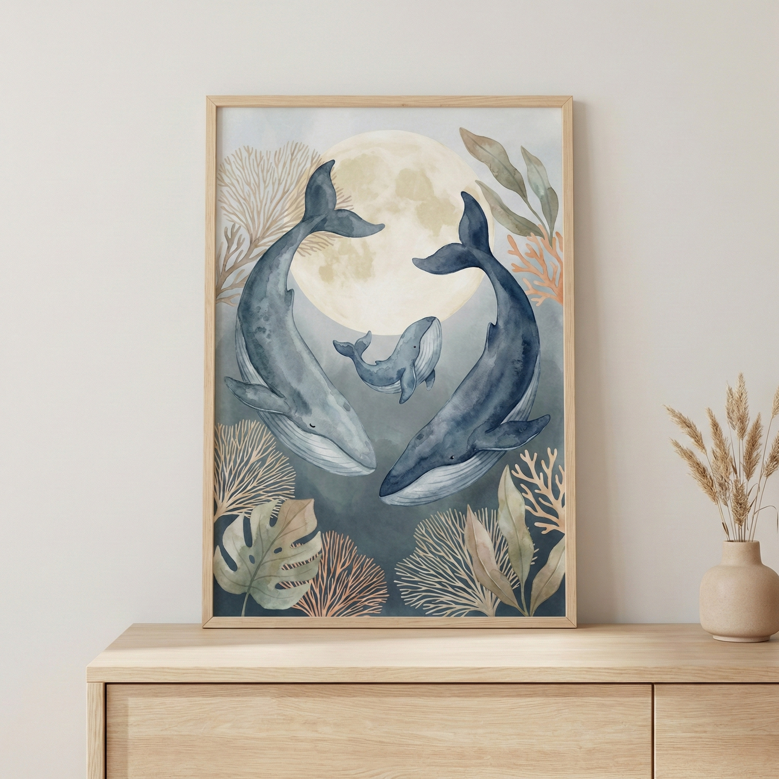 A framed watercolor illustration of three blue whales—two large adults and one small calf—swimming around a large, pale full moon. The scene is surrounded by delicate coral, seaweed, and tropical leaves in soft oranges, greens, and browns. The piece is set within a light wood frame and displayed on a matching wooden dresser next to a small vase of dried pampas grass against a neutral wall.