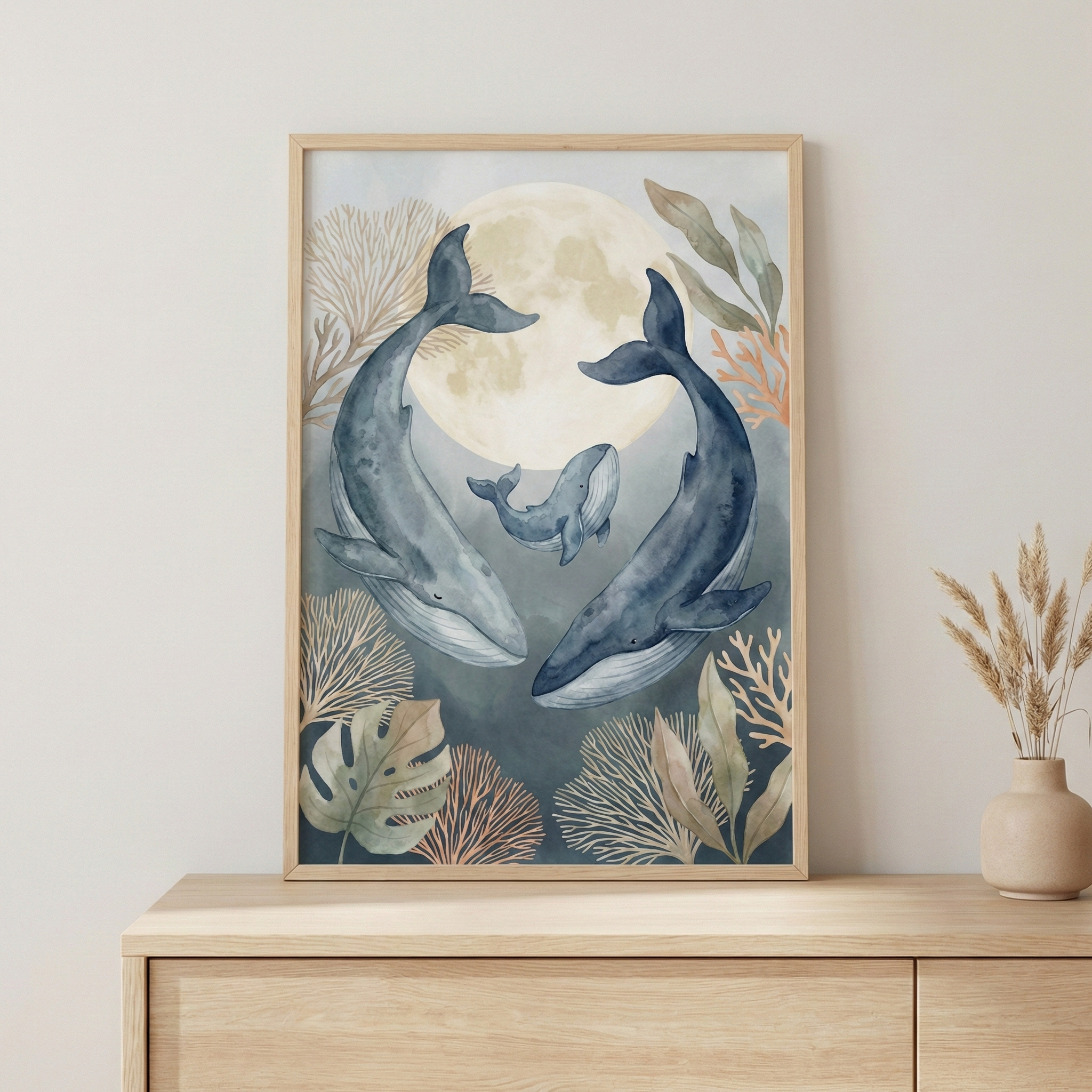 Watercolor Whales Nursery Wall Decor Art - Moonlit Whale Family