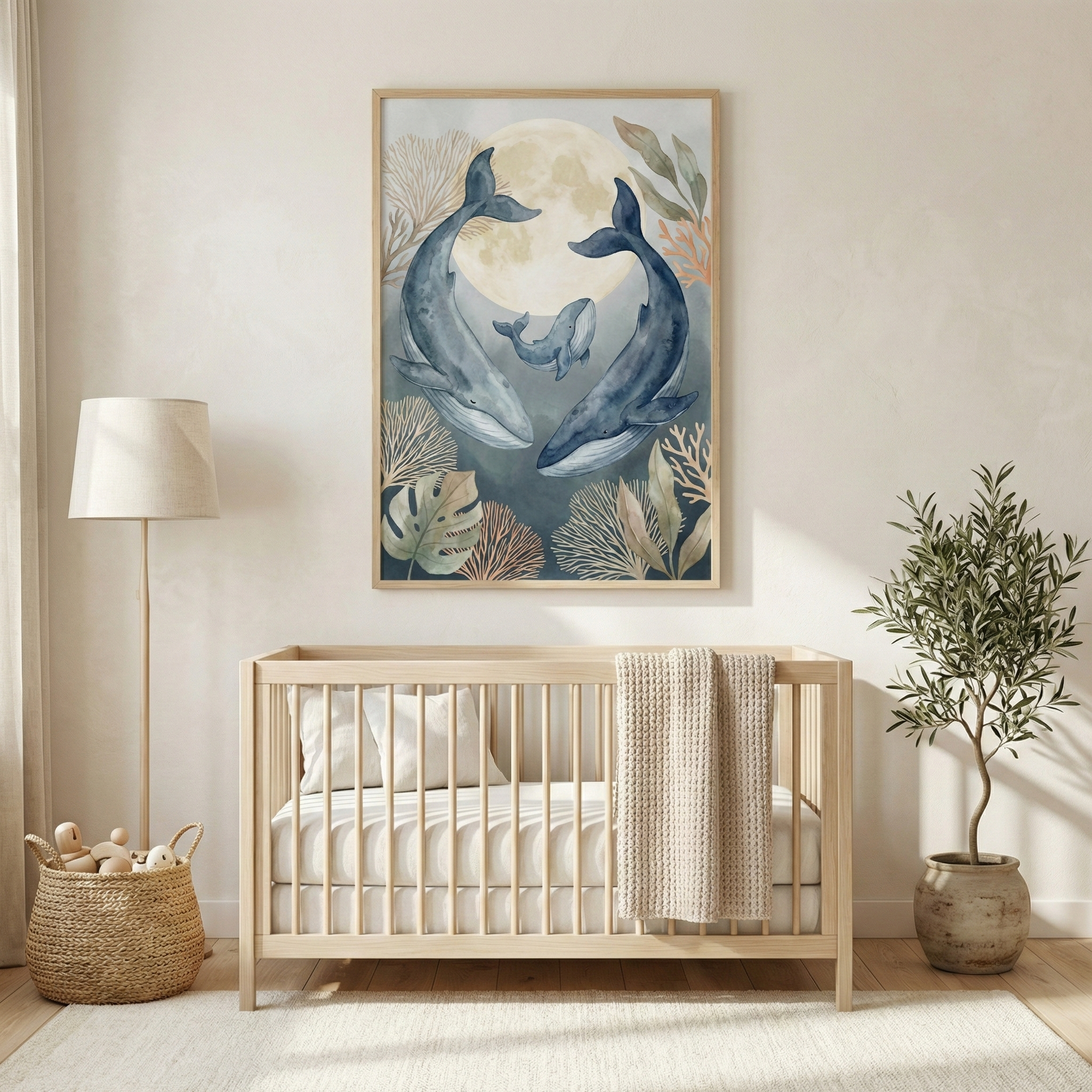 A serene nursery decorated in soft, neutral tones. At the center is a light-colored wooden crib with a textured cream blanket draped over its side. Above the crib hangs a large framed artwork showing two large whales and a smaller calf swimming around a full moon, accented by coral and botanical motifs. To the left of the crib is a tall floor lamp and a woven basket containing wooden toys. To the right is a potted plant in a stone-textured pot, and a light-colored rug lies on the floor.
