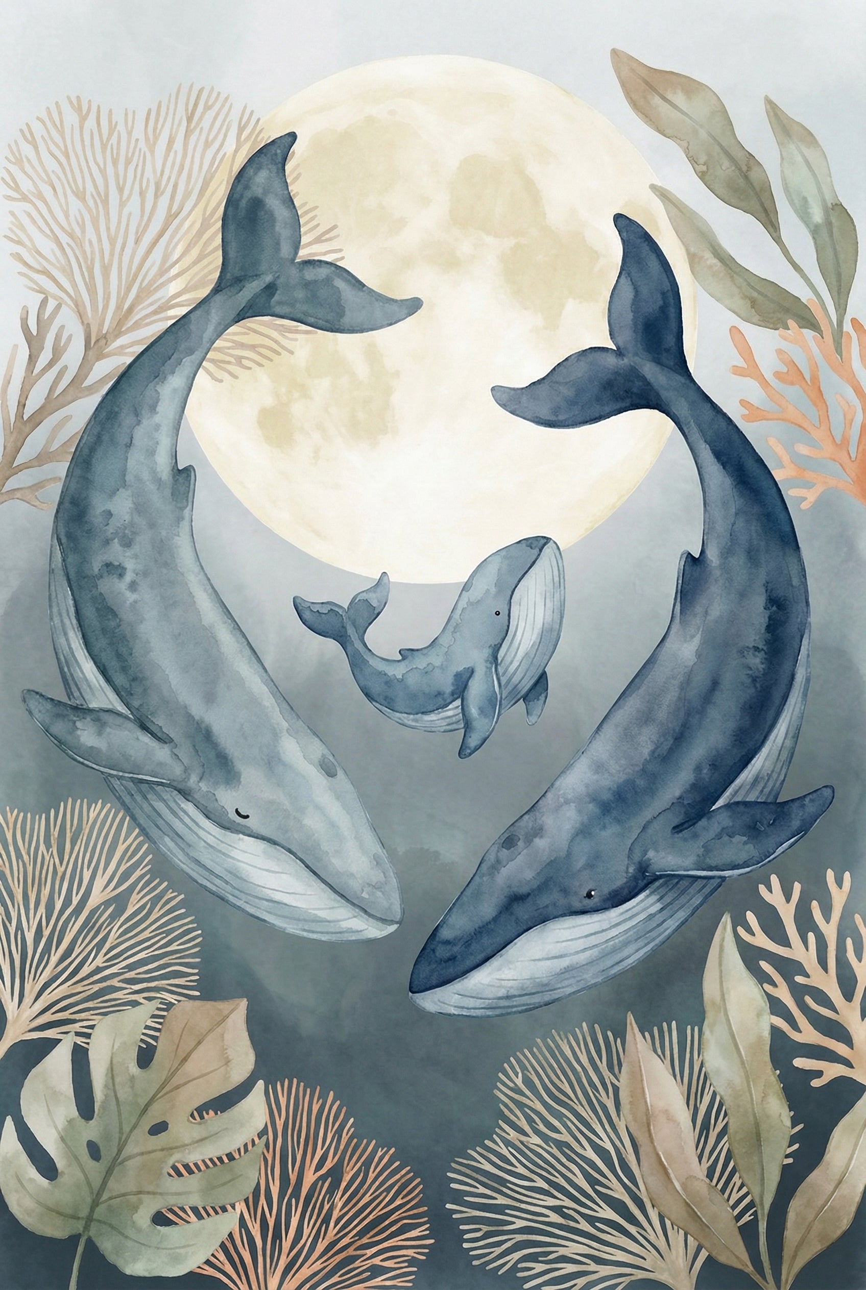 Watercolor Whales Nursery Wall Decor Art - Moonlit Whale Family