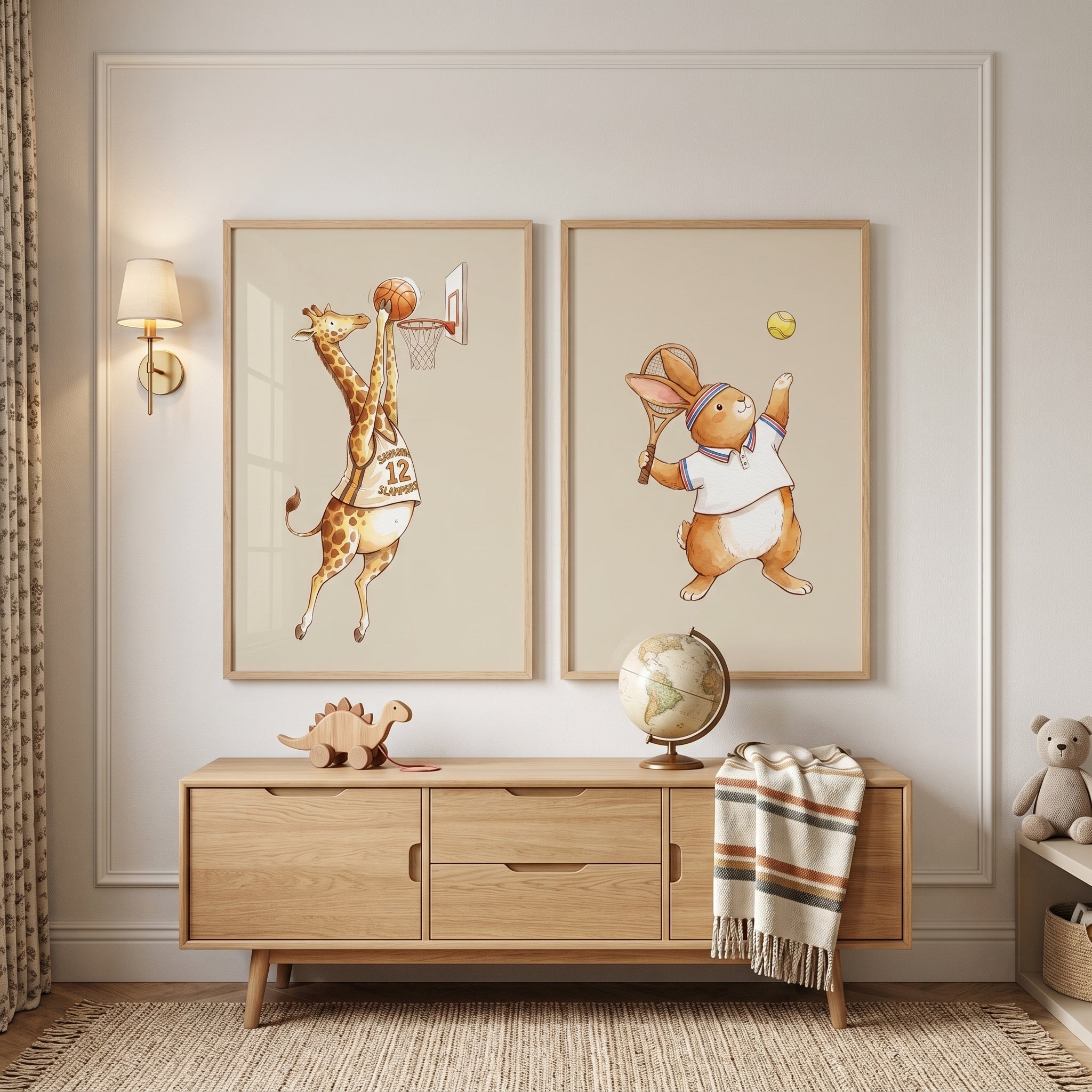 Watercolor Whimsical Athletic Animal Wall Art Set of 2 - Playful Game Day