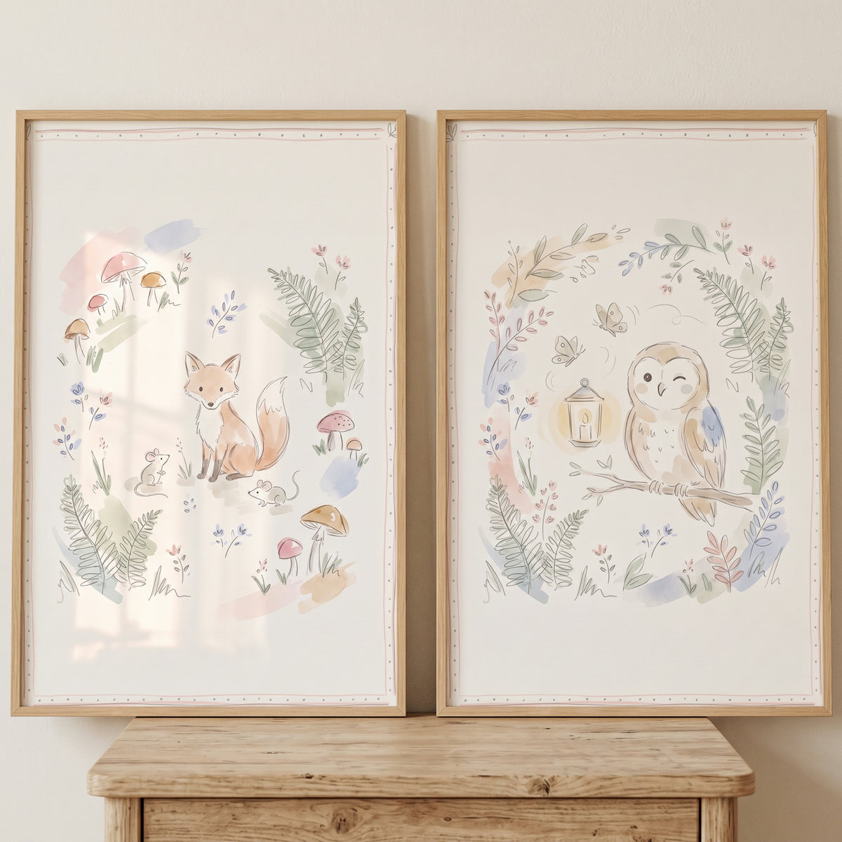 Woodland Animal Wall Art Set of 2 - Soft Nature Duo