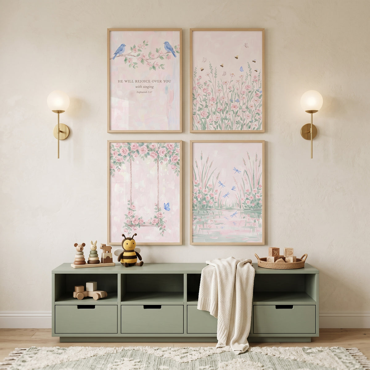 Watercolor Whimsical Garden Wall Art Set Of 4 - Pastel Garden Song