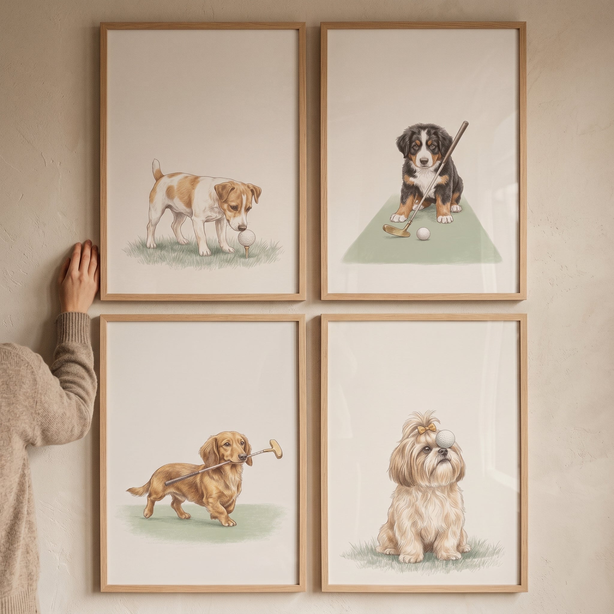 Watercolor Whimsical Golfing Dogs Wall Art Set of 4 - Golfing Puppies