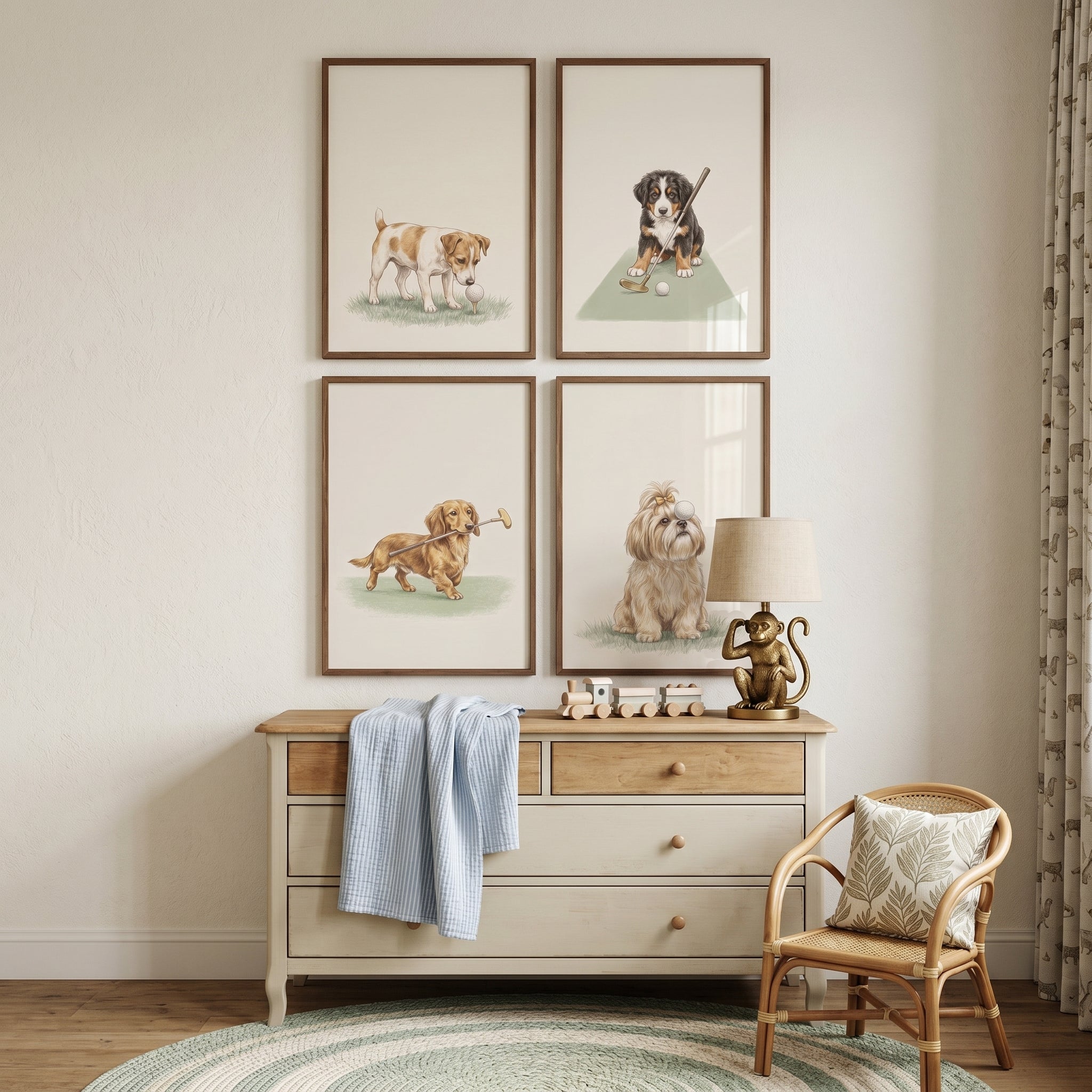 Watercolor Whimsical Golfing Dogs Wall Art Set of 4 - Golfing Puppies