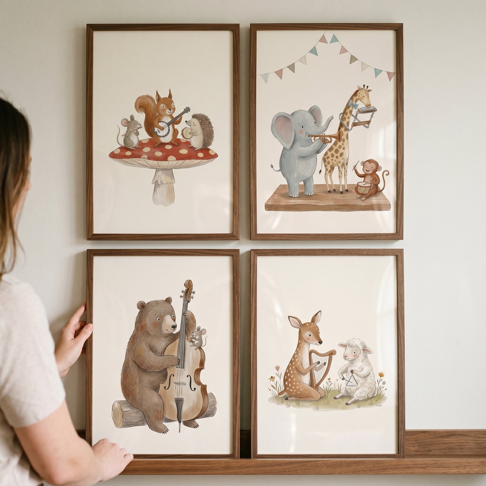 Watercolor whimsical musical animal wall art set of 4 featuring various animals playing instruments in wooden frames.