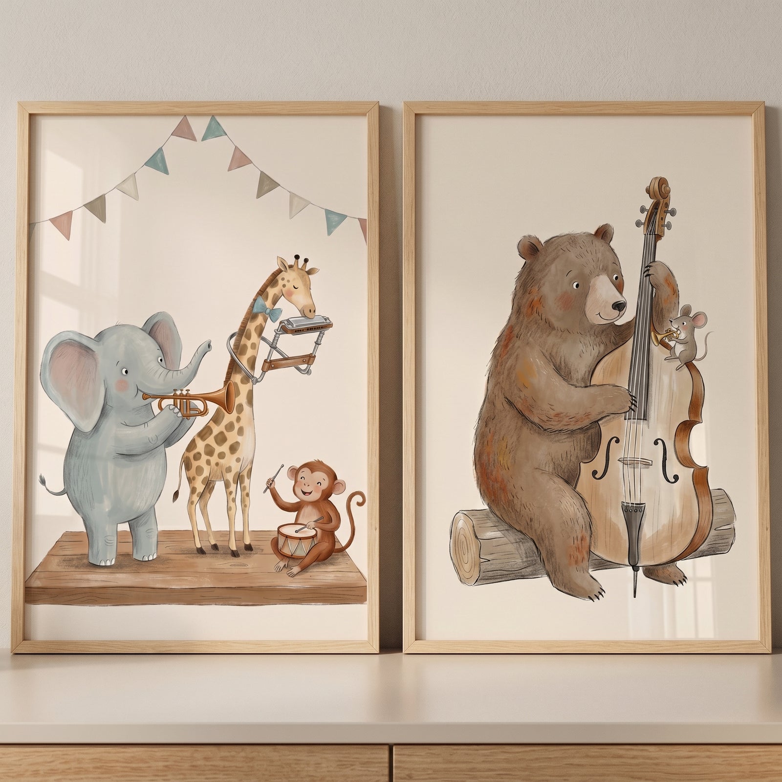 Watercolor whimsical musical animals wall art set of 2 featuring an elephant, giraffe, monkey, bear, and mouse.