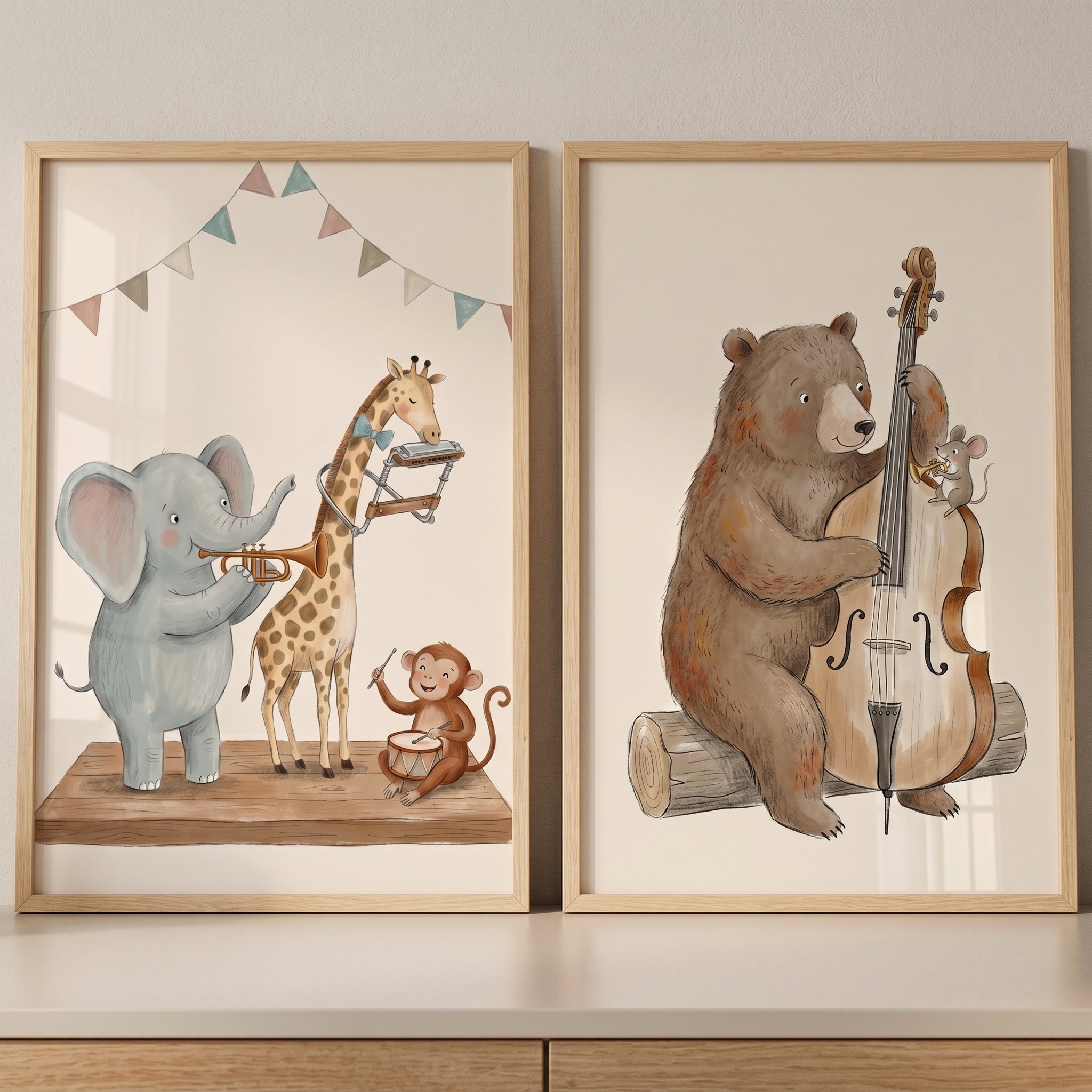 Watercolor Whimsical Musical Animals Wall Art Set Of 2 - Musical Animal Band