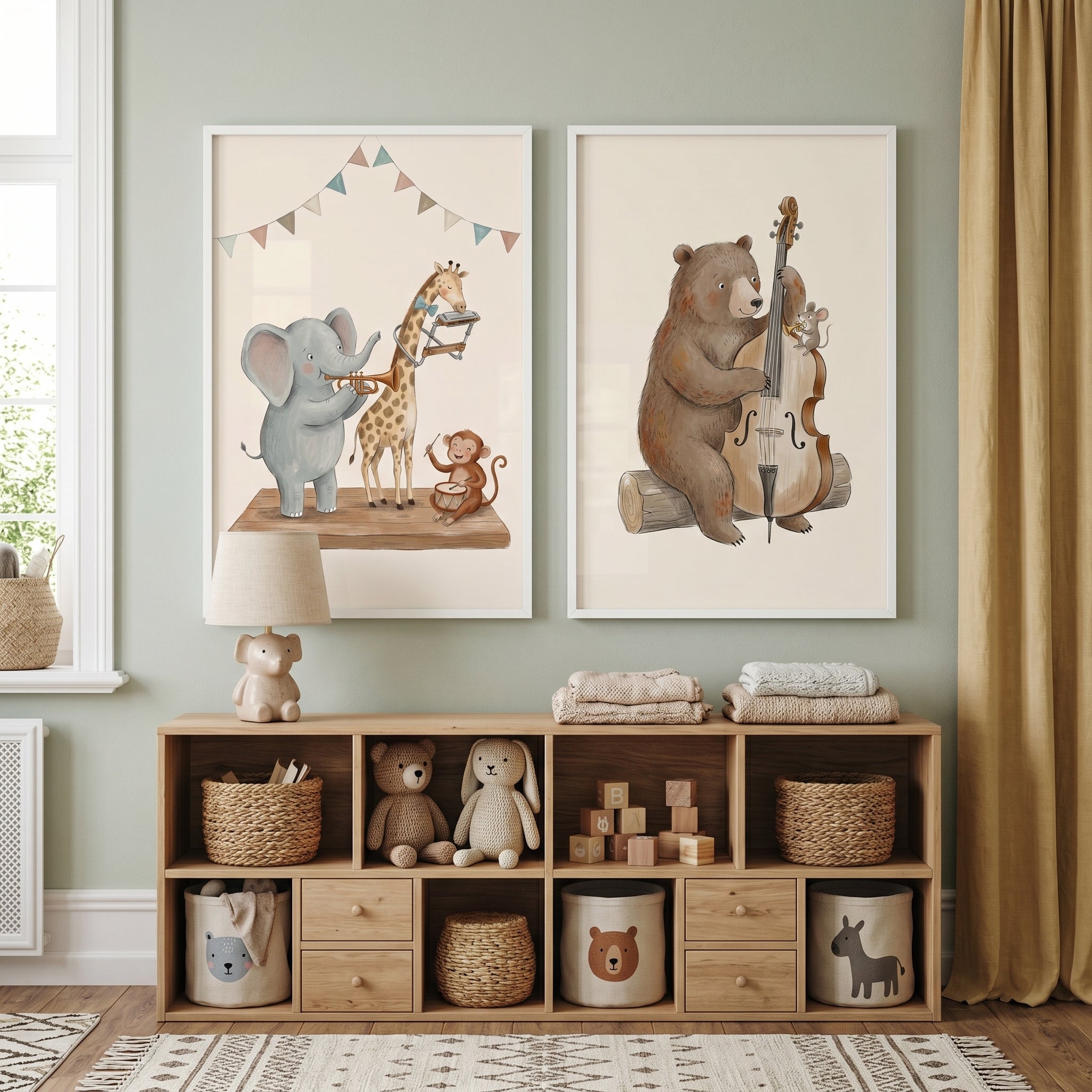 Watercolor Whimsical Musical Animals Wall Art Set Of 2 - Musical Animal Band