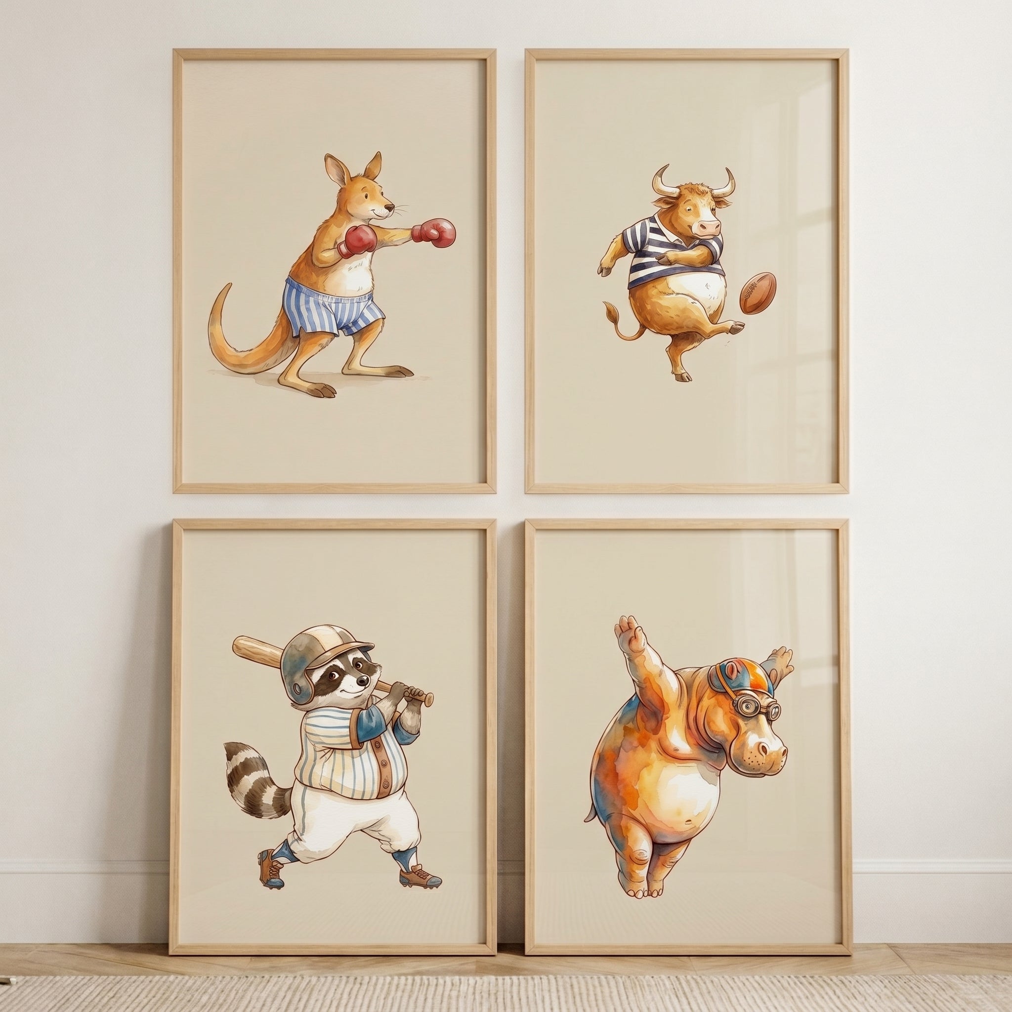 Watercolor Whimsical Sports Animals Wall Art Set of 4 - Athletic Animal Squad