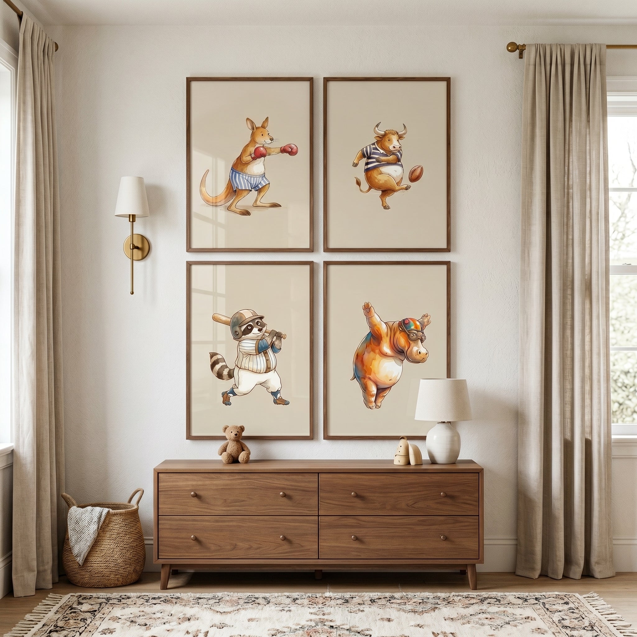 Watercolor Whimsical Sports Animals Wall Art Set of 4 - Athletic Animal Squad
