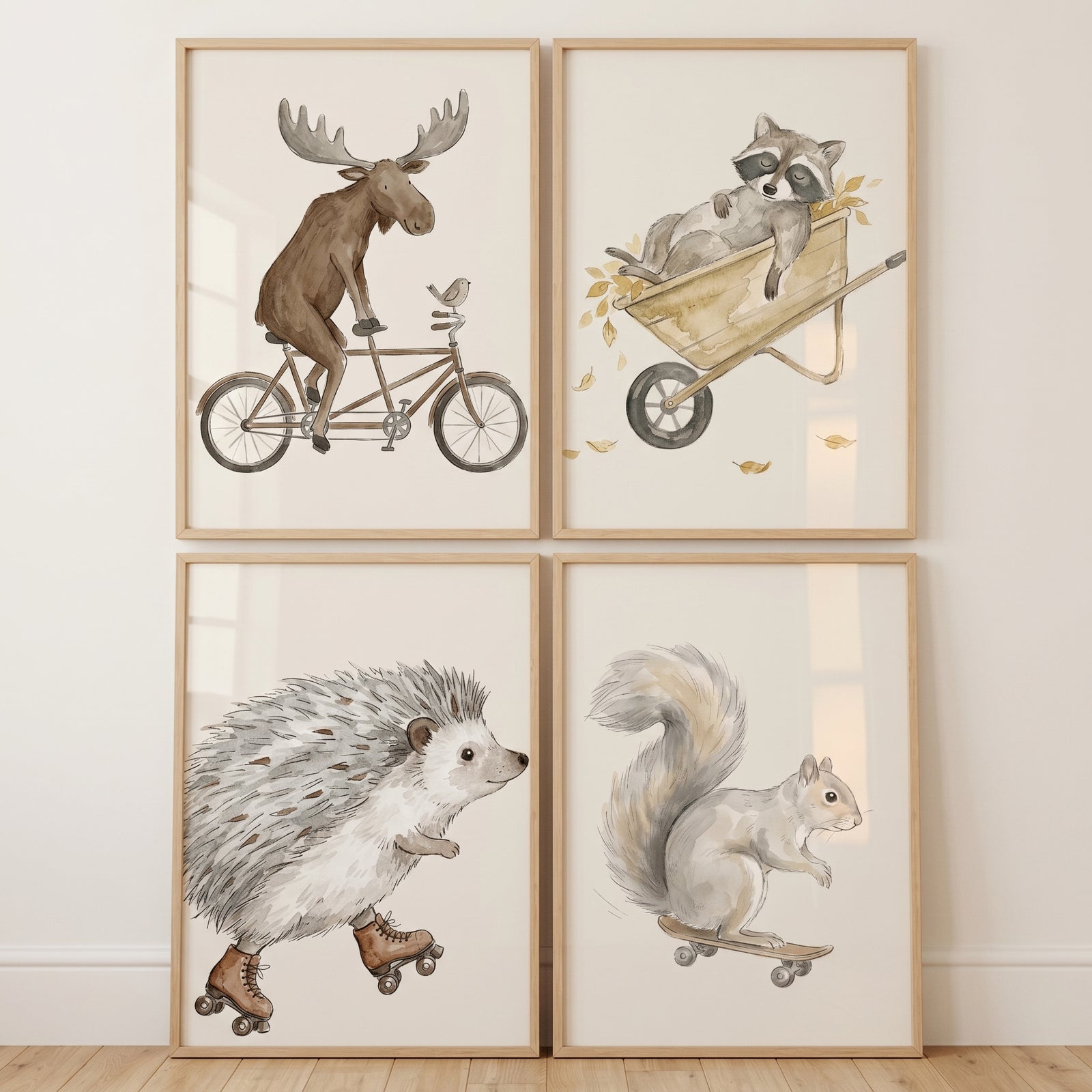 Watercolor whimsical woodland animals wall art set of 4: moose on bike, raccoon, hedgehog on skates, squirrel on skateboard.