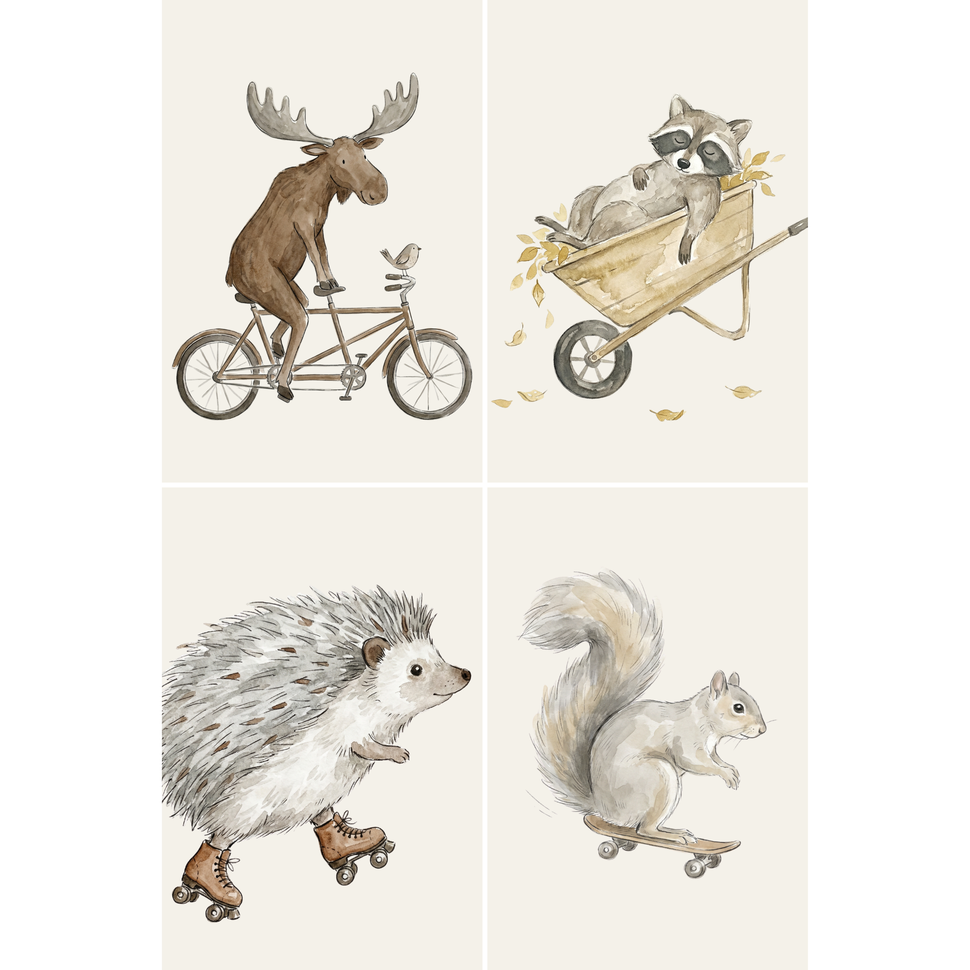 Watercolor Whimsical Woodland Animals Wall Art Set of 4 - Woodland Animal Adventures