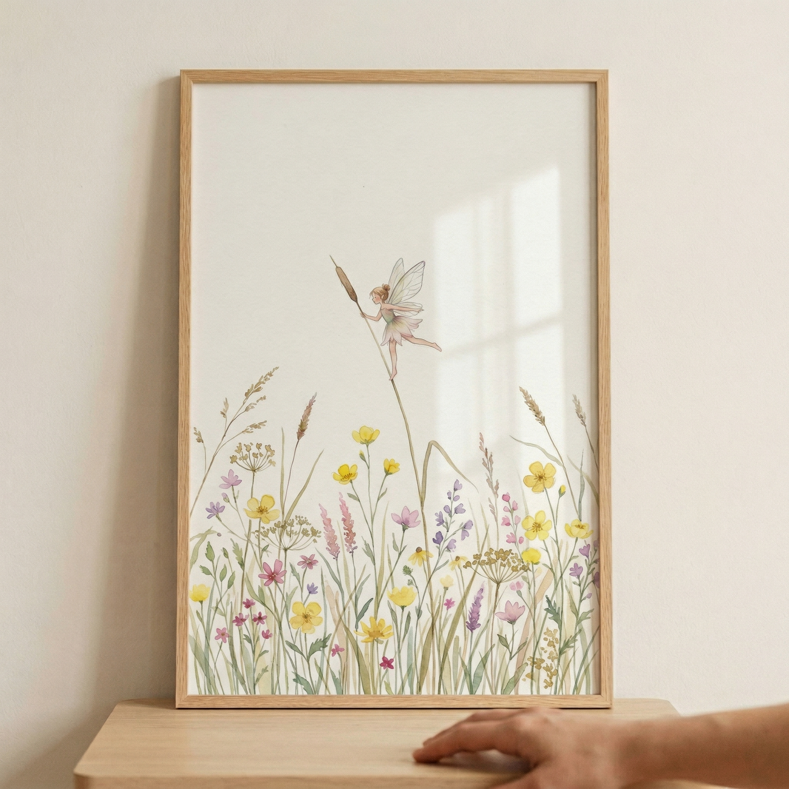 A framed whimsical illustration featuring a small, winged fairy perched on a tall reed in a field of colorful wildflowers. The artwork is done in a soft, light-colored style with delicate strokes of yellow, purple, and pink floral elements against an off-white background. The piece is housed in a simple light wood frame, which is leaning against a neutral-toned wall on a light wooden surface. A hand is partially visible in the bottom right corner.