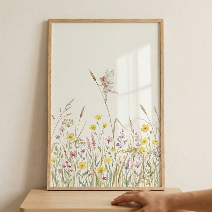 A framed whimsical illustration featuring a small, winged fairy perched on a tall reed in a field of colorful wildflowers. The artwork is done in a soft, light-colored style with delicate strokes of yellow, purple, and pink floral elements against an off-white background. The piece is housed in a simple light wood frame, which is leaning against a neutral-toned wall on a light wooden surface. A hand is partially visible in the bottom right corner.