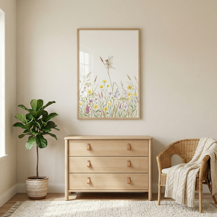 A serene, sunlit room with beige walls features a vertical framed illustration of a meadow with colorful wildflowers and a tiny winged figure centered above a light wood chest of drawers. The three drawers have brown leather loop pulls. To the right, a wicker chair is draped with a cream-colored chunky knit throw. On the left, a tall leafy plant in a patterned ceramic pot sits on a textured white fringed rug. The scene is bright, airy, and minimalist.