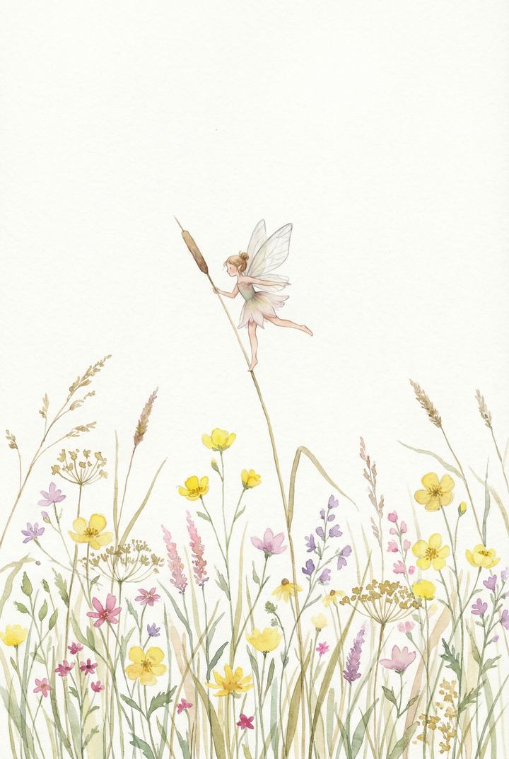  Watercolor illustration of a small fairy balancing on a tall grass stem above a field of colorful wildflowers with a light neutral background. The airy composition highlights the fairy’s delicate pose and whimsical scale.

