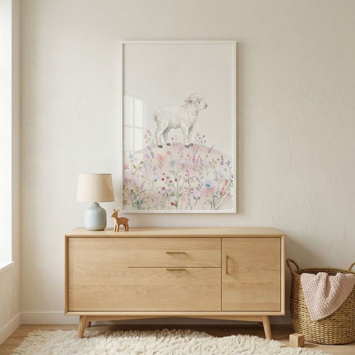 A serene nursery setup features a light-colored wooden dresser against a neutral wall. Above the dresser hangs a large framed illustration depicting a sweet white lamb standing atop a gentle hill blooming with pastel wildflowers in shades of pink, lavender, and blue. On the dresser sits a small table lamp with a soft blue base and a beige shade, alongside a minimalist wooden animal figurine. 