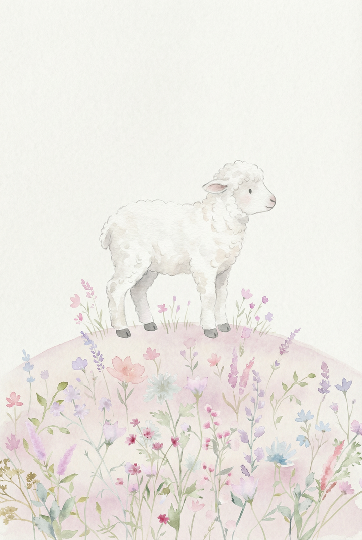 Watercolor illustration of a small white lamb standing on a soft pink hill surrounded by delicate pastel wildflowers. The minimal background and gentle tones create a calm and tender countryside scene.
