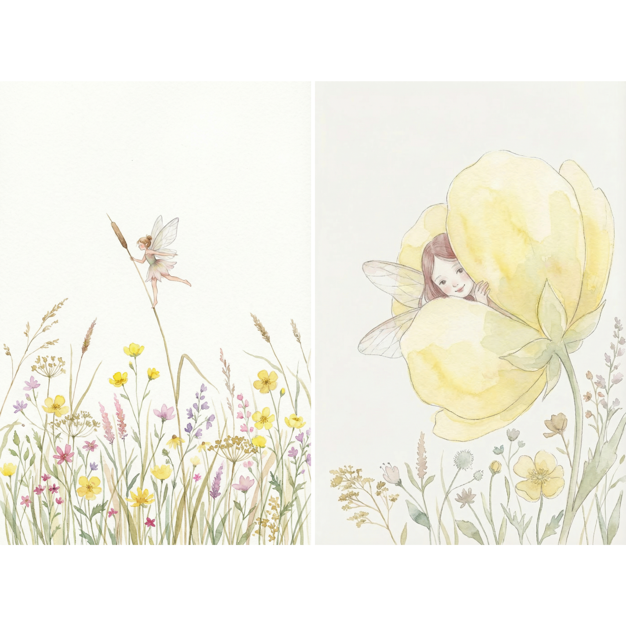 Watercolor Wildflower Meadow Fairy Wall Art Set of 2 - Whimsical Meadow Sprites