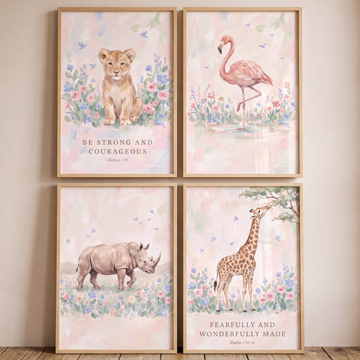 Watercolor wildflower safari animals wall art set of 4 with a lion cub, flamingo, rhino, giraffe, and Bible verses.
